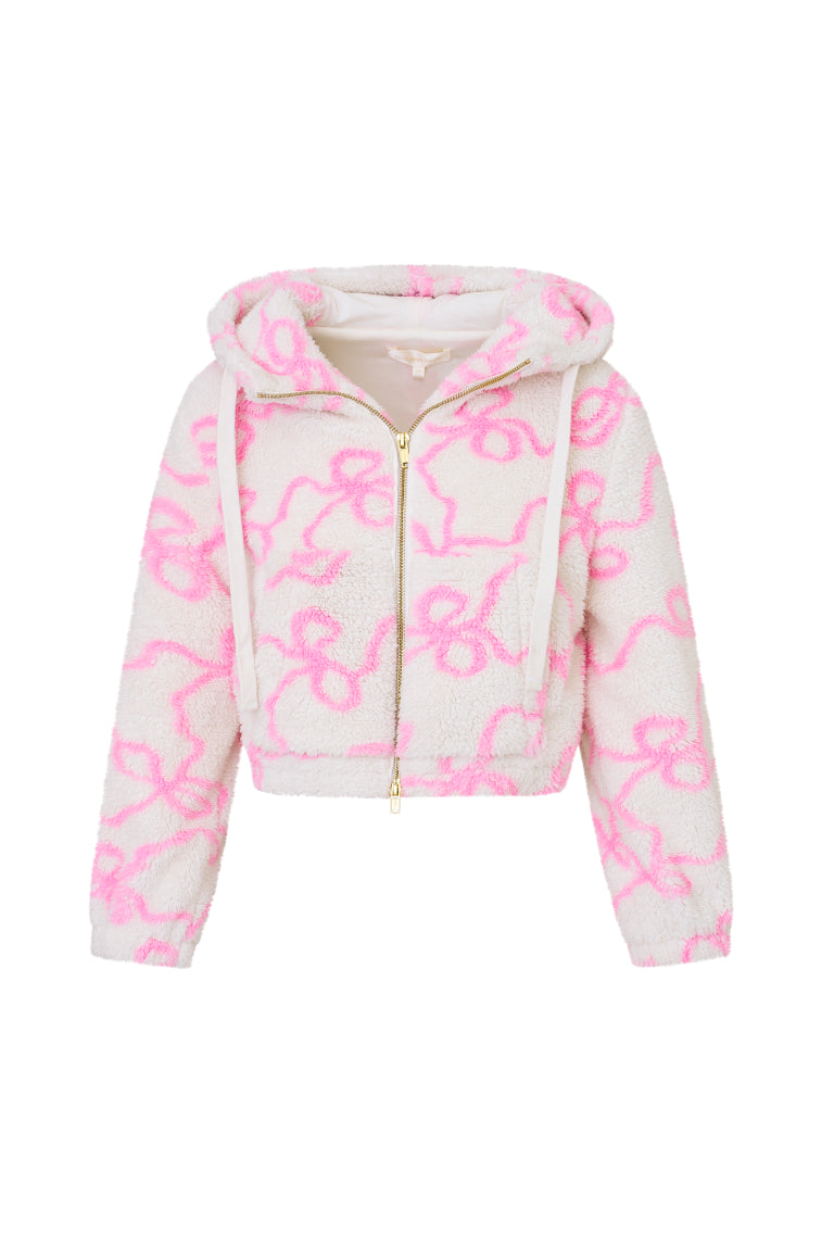Girls' Jacquard Fleece Bow Print Bomber Jacket - Stylish & Warm Outerwear for School, Playdates & Fall Fashion