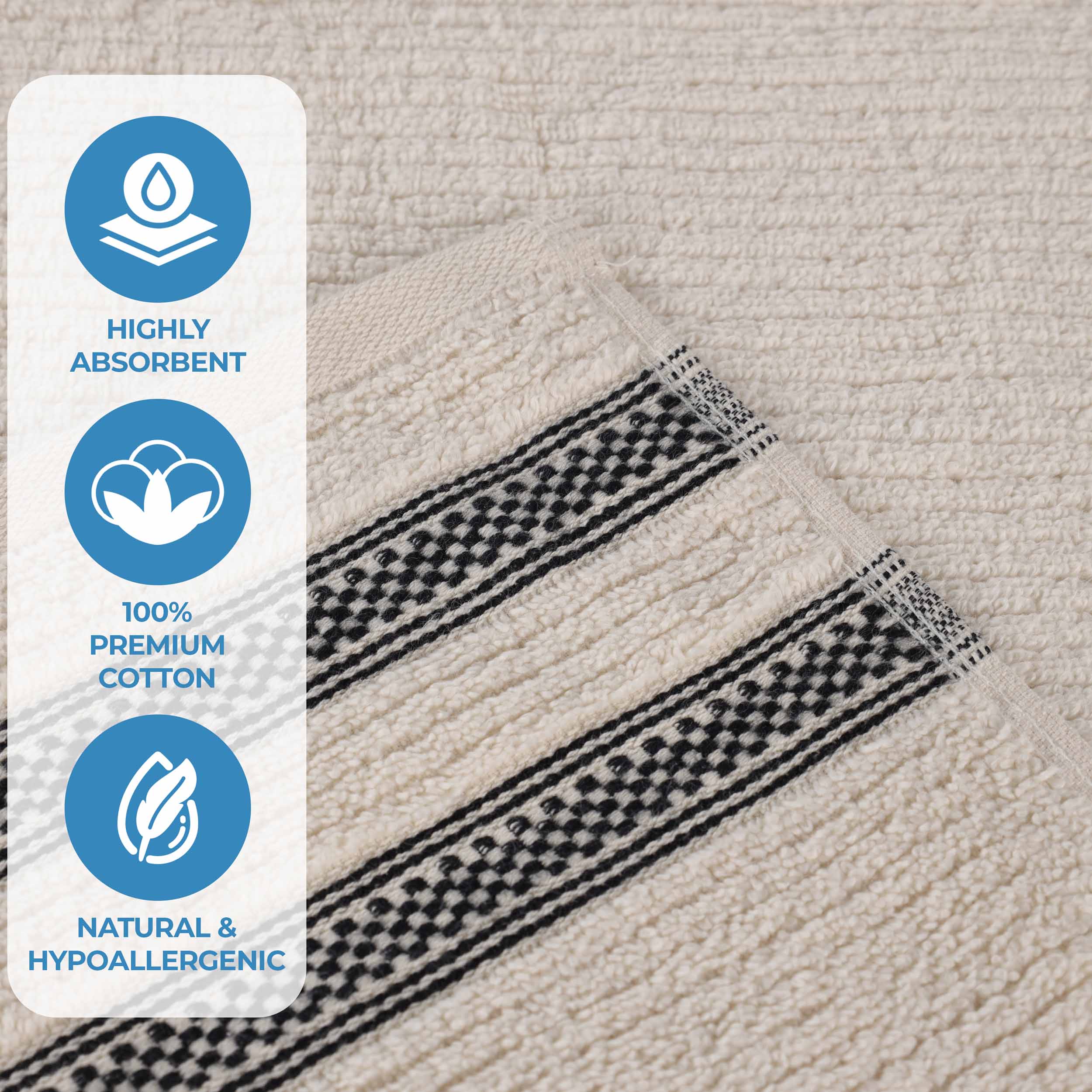 12-Pack Zero Twist Cotton Ribbed Geometric Border Plush Face Towels | Ultra Soft Bath & Hand Towels for Spa, Gym, Travel & Home Use