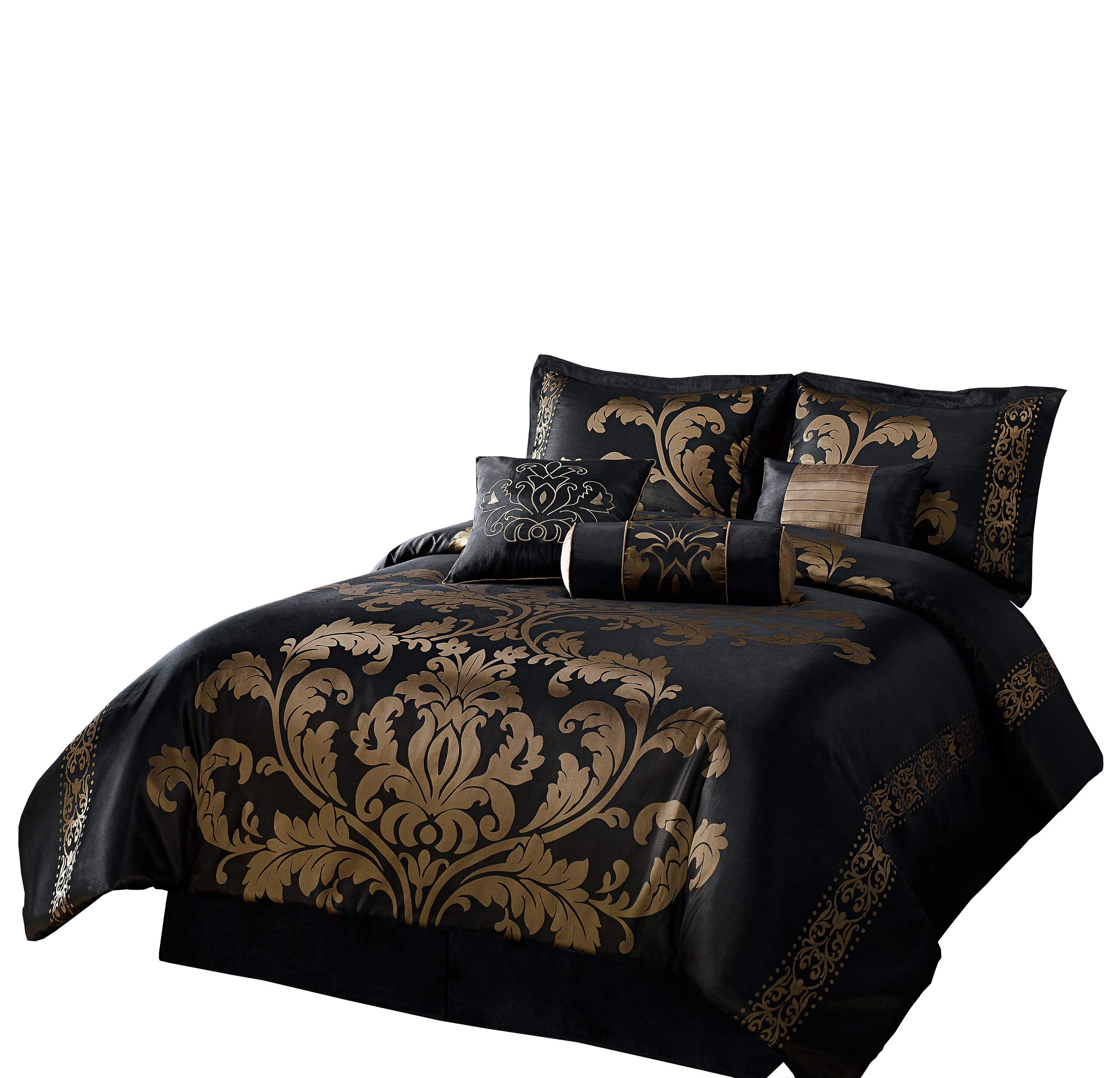 Chezmoi Collection 7-Piece Jacquard Floral Comforter Set - King Size Luxury Bedding with Black Gold Design | Complete Bed-in-a-Bag Set for Master Bedroom Decor & Guest Room Upgrade