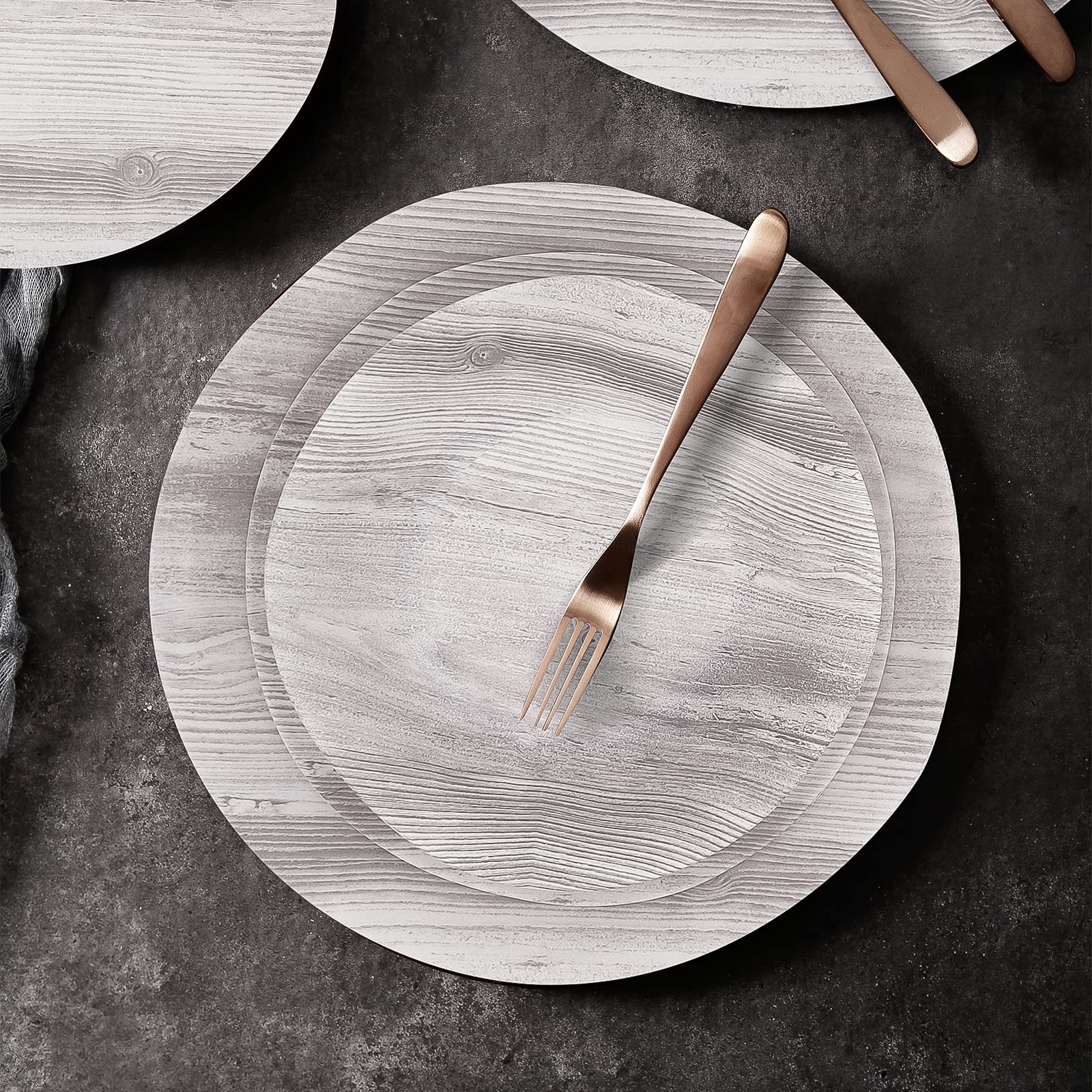 Melamine Dinnerware Set - 12-Piece Wood Grain Plates & Bowls for Indoor/Outdoor Use | Durable, Dishwasher Safe Camping Dishes for Summer & Fall | Perfect for Picnics, BBQs, and Outdoor Dining (Gray)