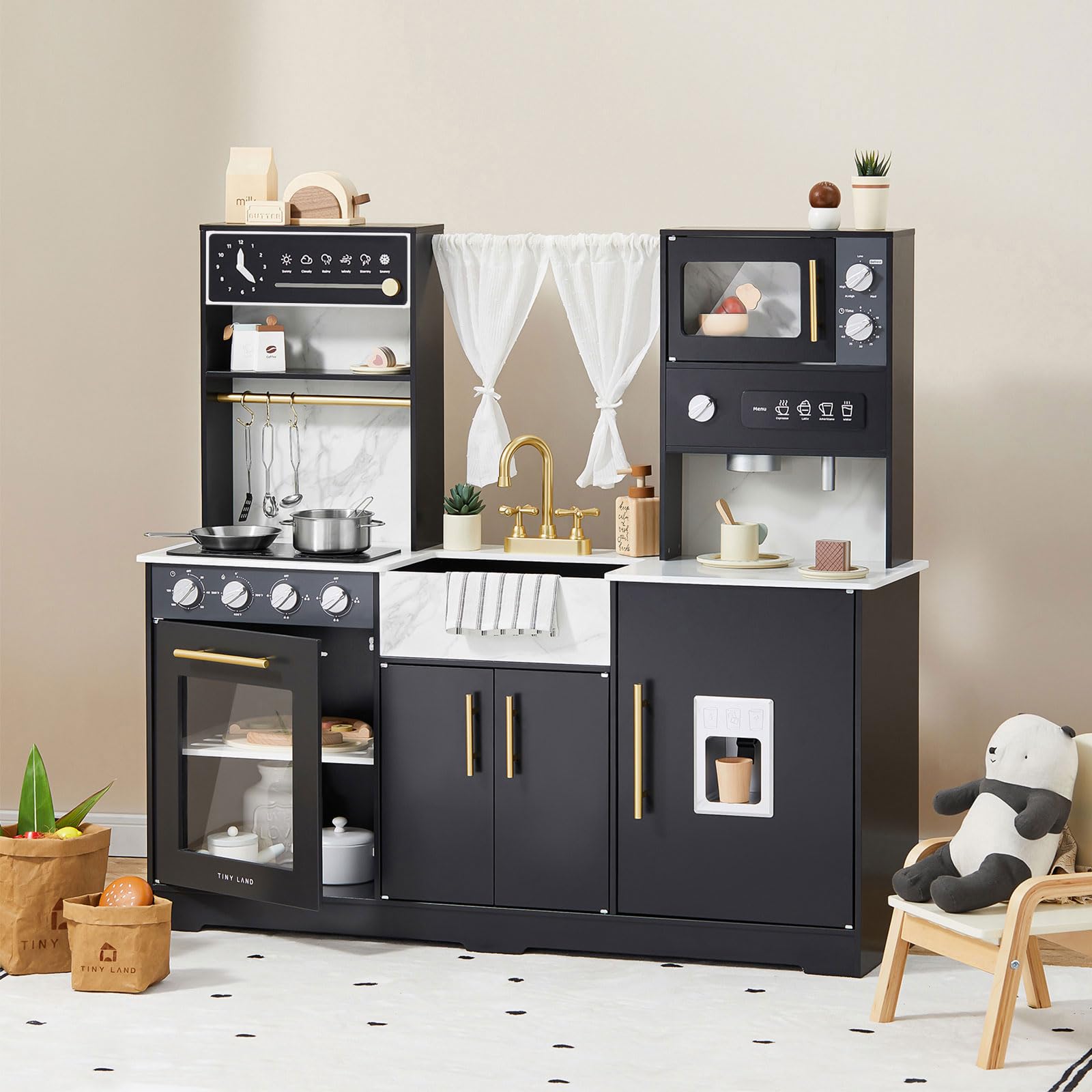 Tiny Land Wooden Play Kitchen Set for Kids - Modern Toddler Kitchen Toy for Girls & Boys Ages 3+, Pretend Cooking Playset with Trendy Home Design - Perfect Gift for Birthday & Indoor Pretend Play