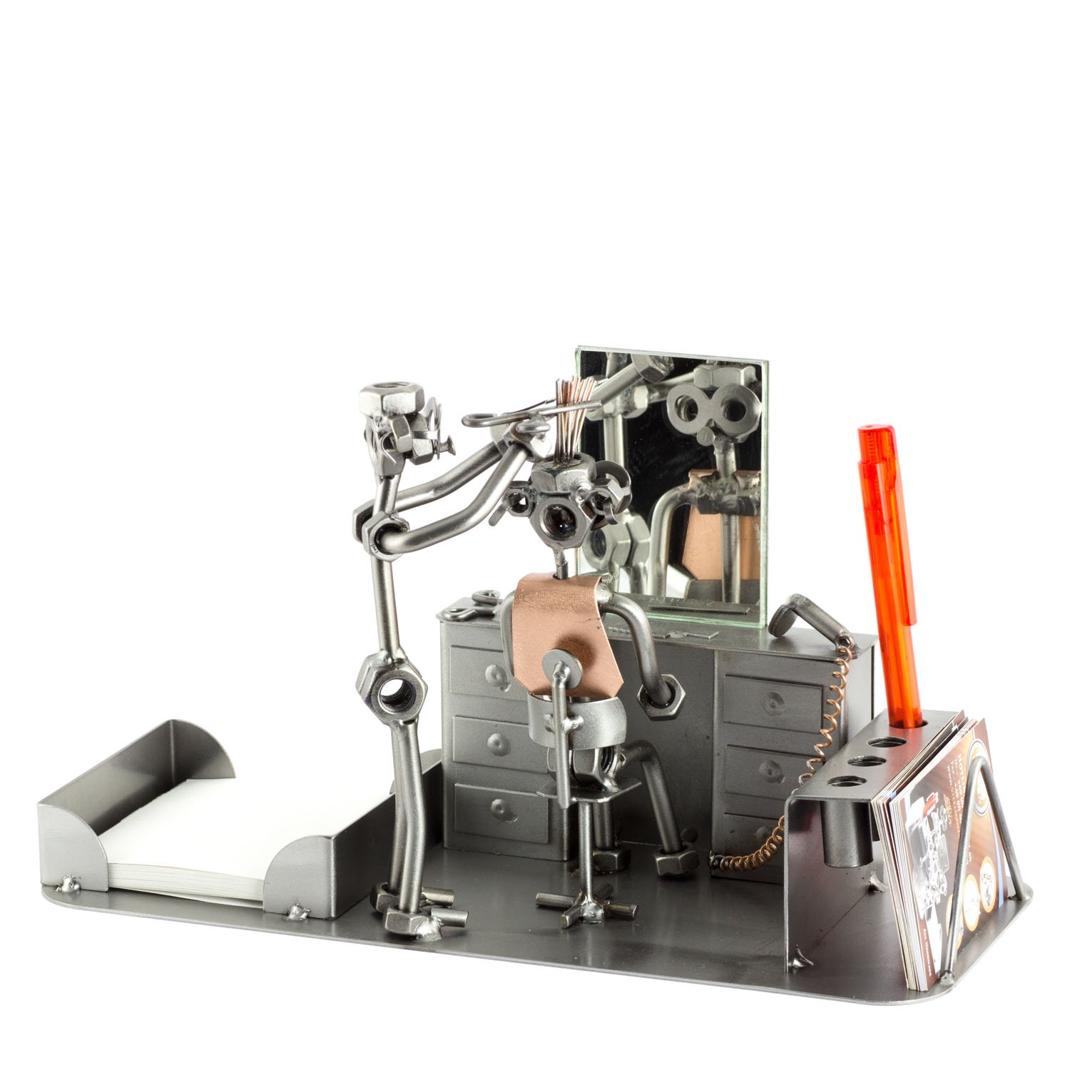Handmade Metal Hairdresser Sculpture - German-Made Desk Organizer with Personal Engraving | Unique Nuts & Bolts Office Decor for Salon, Barber Shop or Gift