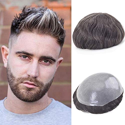 Lordhair Men's Hair Toupee - Natural Skin Base Hair Replacement System for Thinning Hair | Off Black with 5% Grey Synthetic Hairpiece | Perfect for Daily Wear, Weddings & Special Occasions