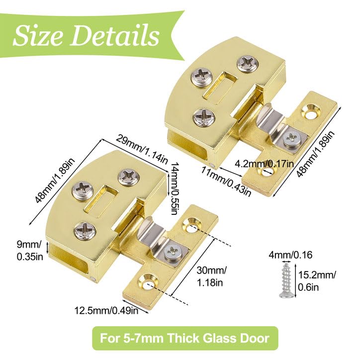 2Pcs Gold Adjustable Glass Door Hinges - Zinc Alloy Side-Mount Pivot Hinges 90 Degree for 5-7mm Frameless Cabinet Doors - Perfect for Modern Kitchen, Bathroom & Office Glass Door Installation & Replacement