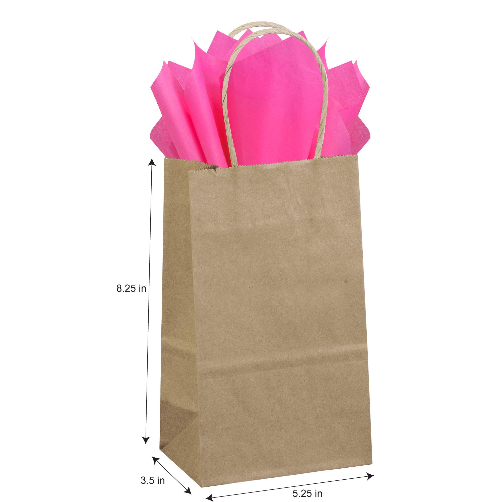 Flexicore Packaging® 50-Pack Natural Brown Kraft Paper Gift Bags with 100 Sheets Hot Pink Tissue Paper - Eco-Friendly Party Favor Bags for Weddings, Birthdays & Holiday Gifting