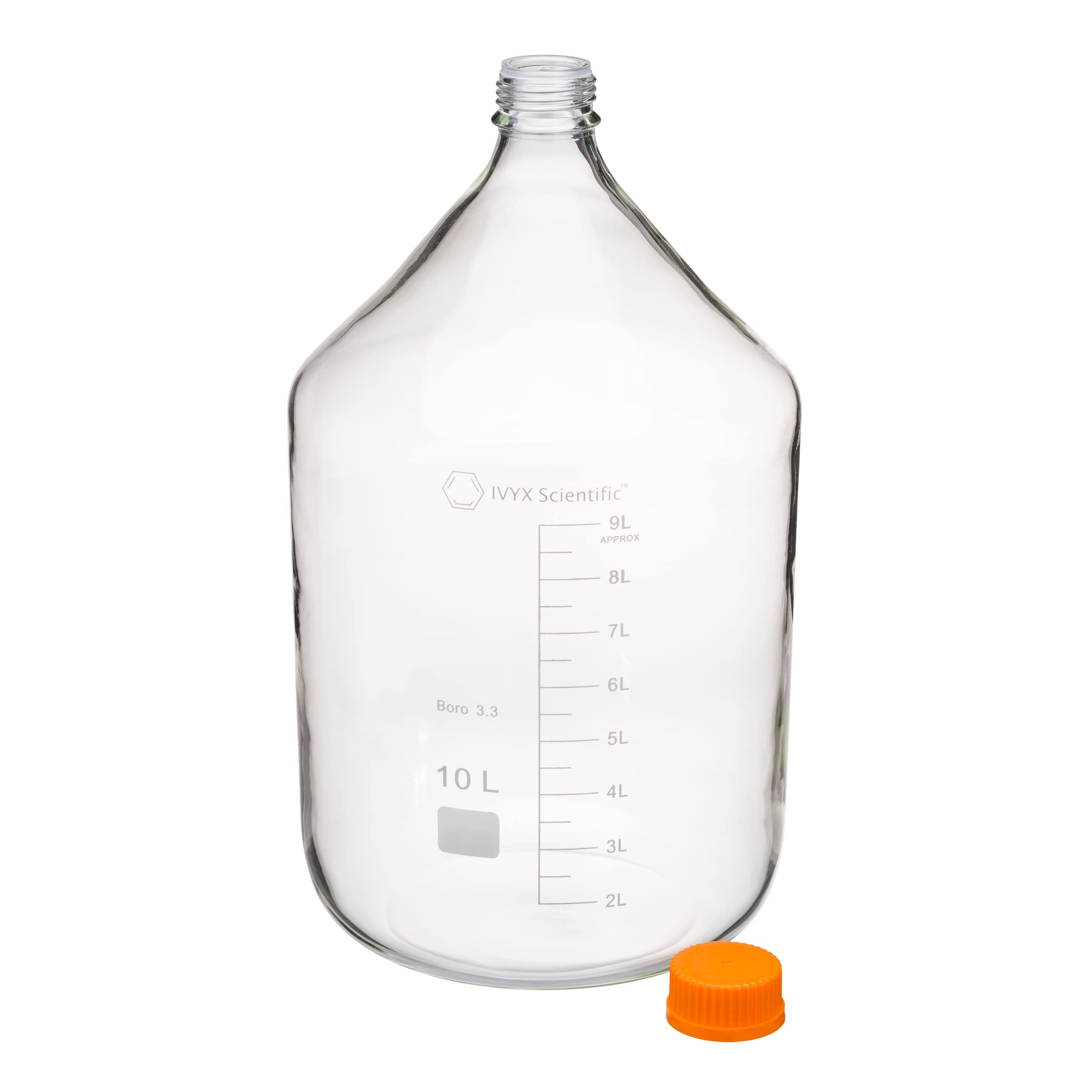 IVYX Scientific 10L Round Media Storage Bottle - Borosilicate Glass with GL45 Screw Cap - Lab-Grade Chemical & Liquid Container for Laboratory, Pharmacy & Industrial Use