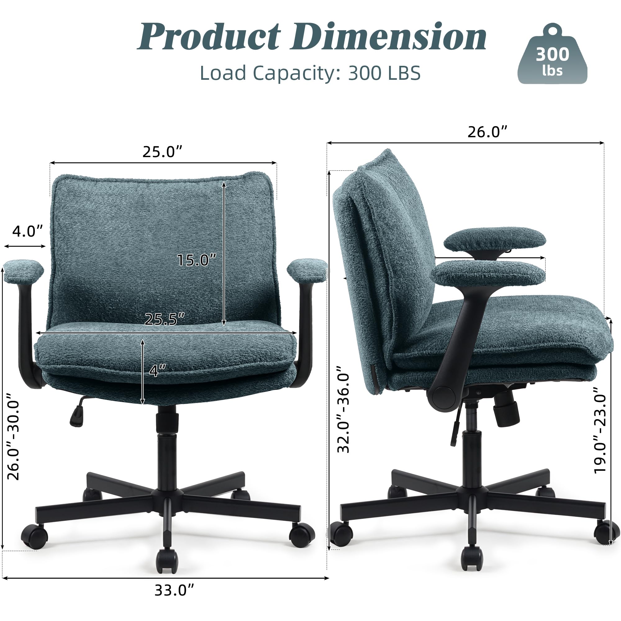 Ergonomic Cross Legged Office Chair with Wheels - Upholstered Criss Cross Desk Chair with Flip-Up Armrests - Wide Seat Home Office Chair for Working, Studying & Vanity - Dark Green Modern Design for Small Spaces & Apartments