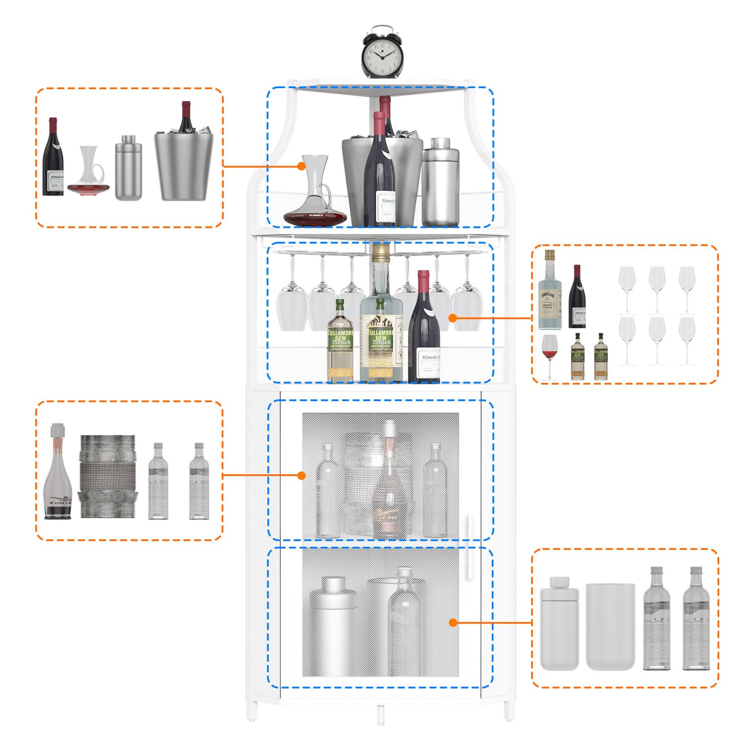 GAOMON 4-Tier White Corner Wine Bar Cabinet with Large Storage Space, Removable Wine Rack & Mesh Door - Perfect for Home Bar, Kitchen, Dining Room & Living Room Storage