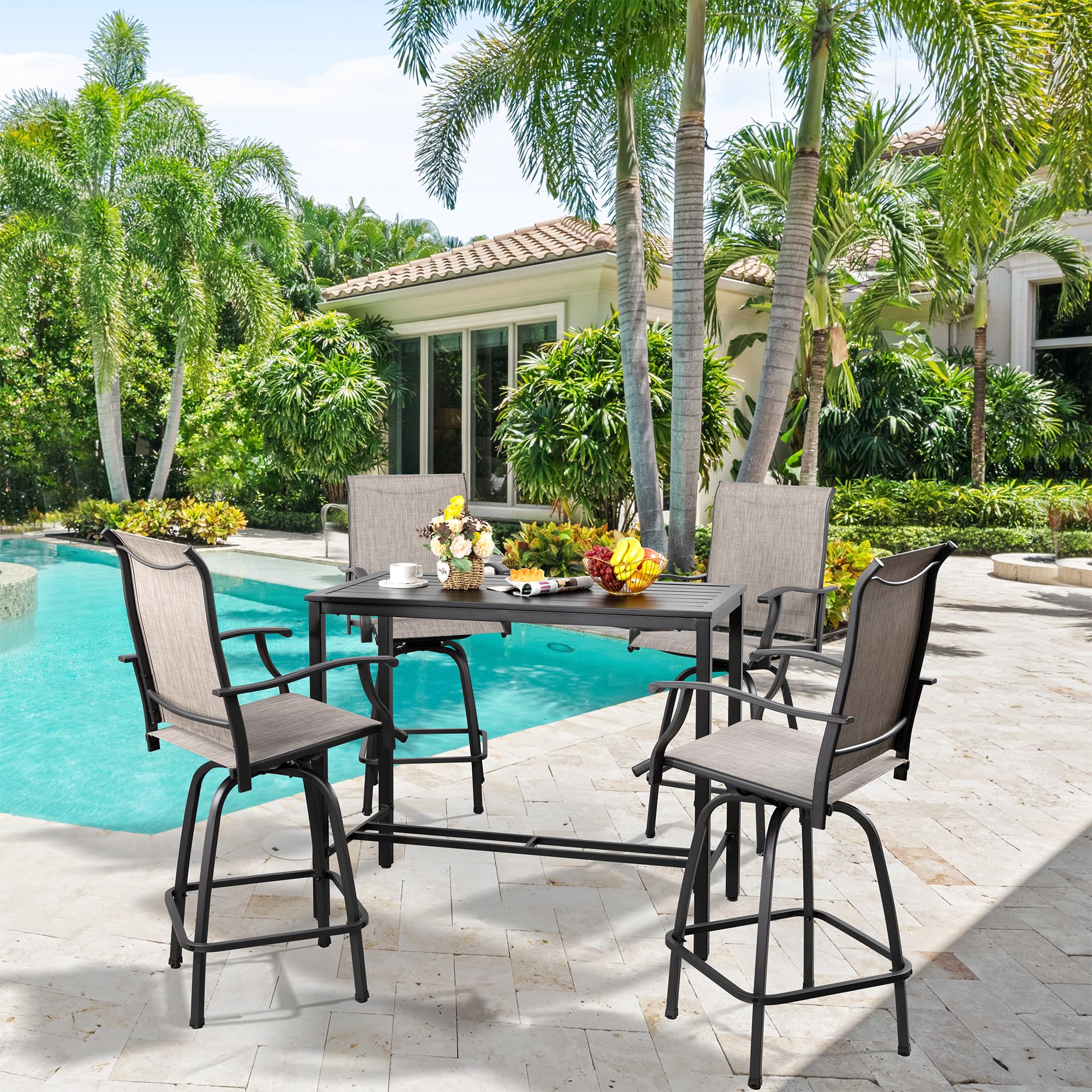Vongrasig 5-Piece Outdoor Patio Bar Set with Swivel Bar Stools & Glass Table - All-Weather Wicker & Textilene High-Top Bistro Set for Garden, Lawn, Deck or Poolside (Taupe) - Perfect for Backyard Entertaining & Outdoor Dining