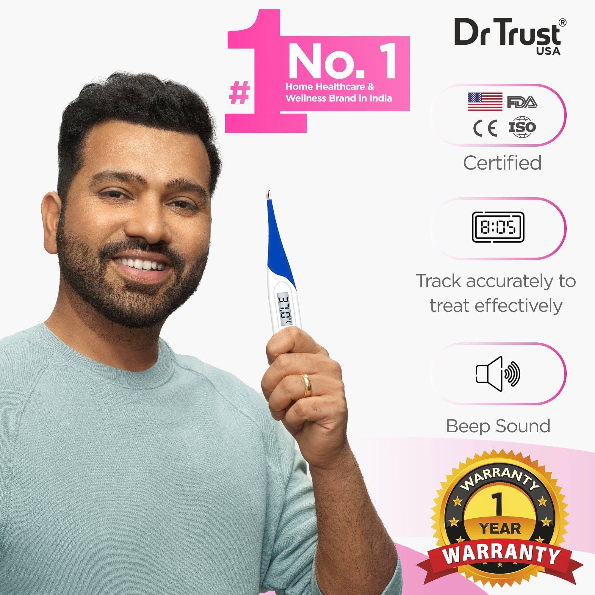 Dr Trust USA Flexible Tip Digital Thermometer - Fast & Accurate Oral, Rectal & Underarm Temperature Reading for Adults, Kids & Babies - Perfect for Home, Clinic & Travel Use