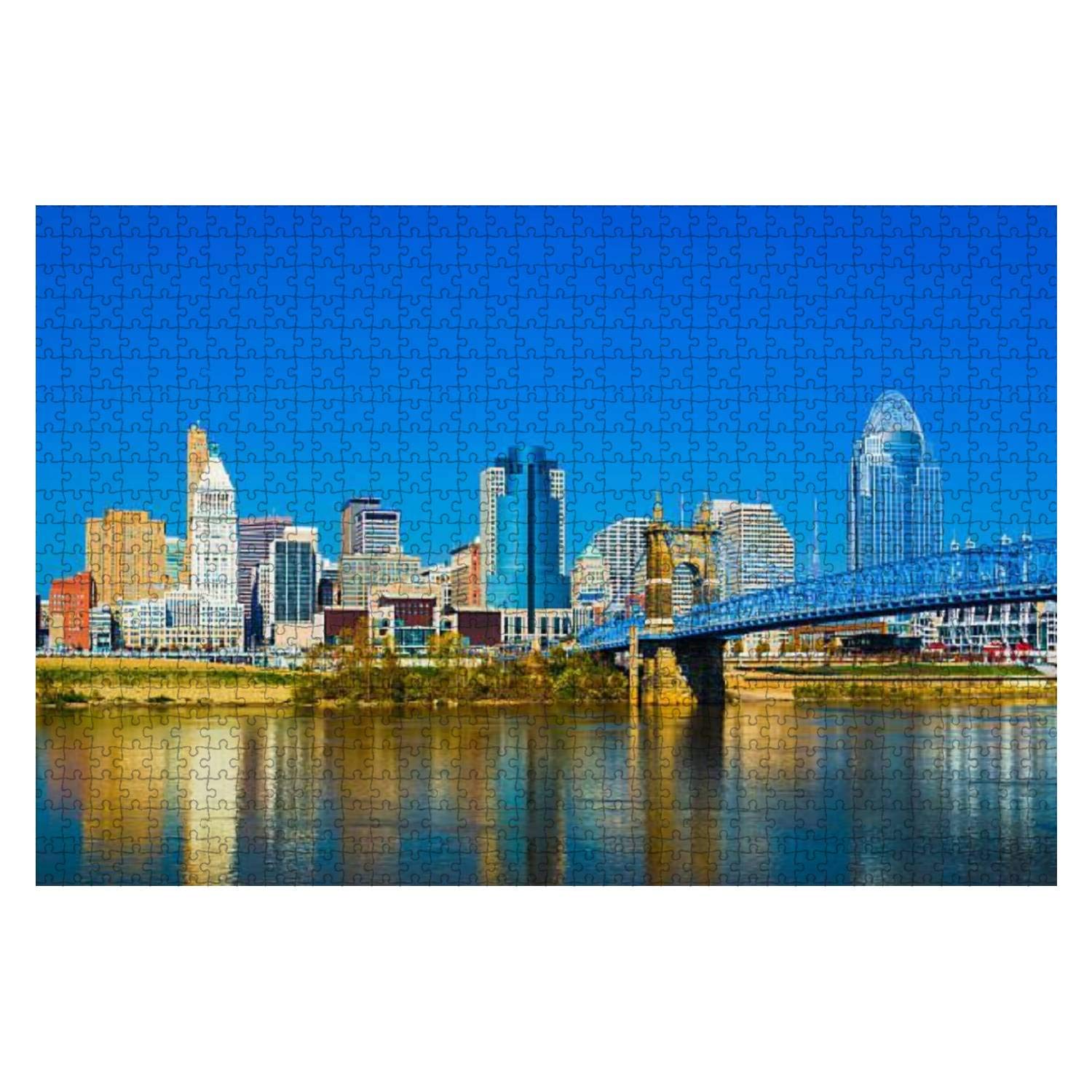 1000-Piece Wooden Jigsaw Puzzle - Cincinnati Downtown Skyline & Roebling Suspension Bridge - Educational Puzzle for Adults & Kids - Stress Relief Toy - Perfect for Family Game Night & Home Decor