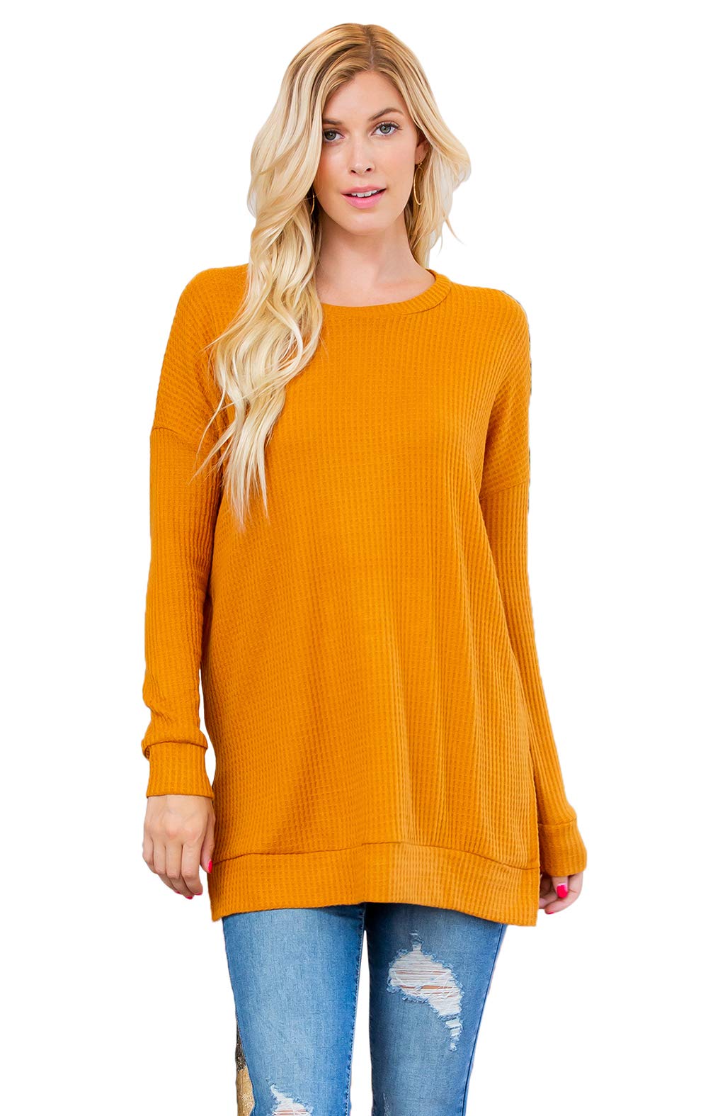 RIAH FASHION Waffle Knit Henley T-Shirt Tunic for Women - Soft Loose Fit Round Neck Long Sleeve Top | Casual Outfit, Layering Essential, Fall Winter Fashion