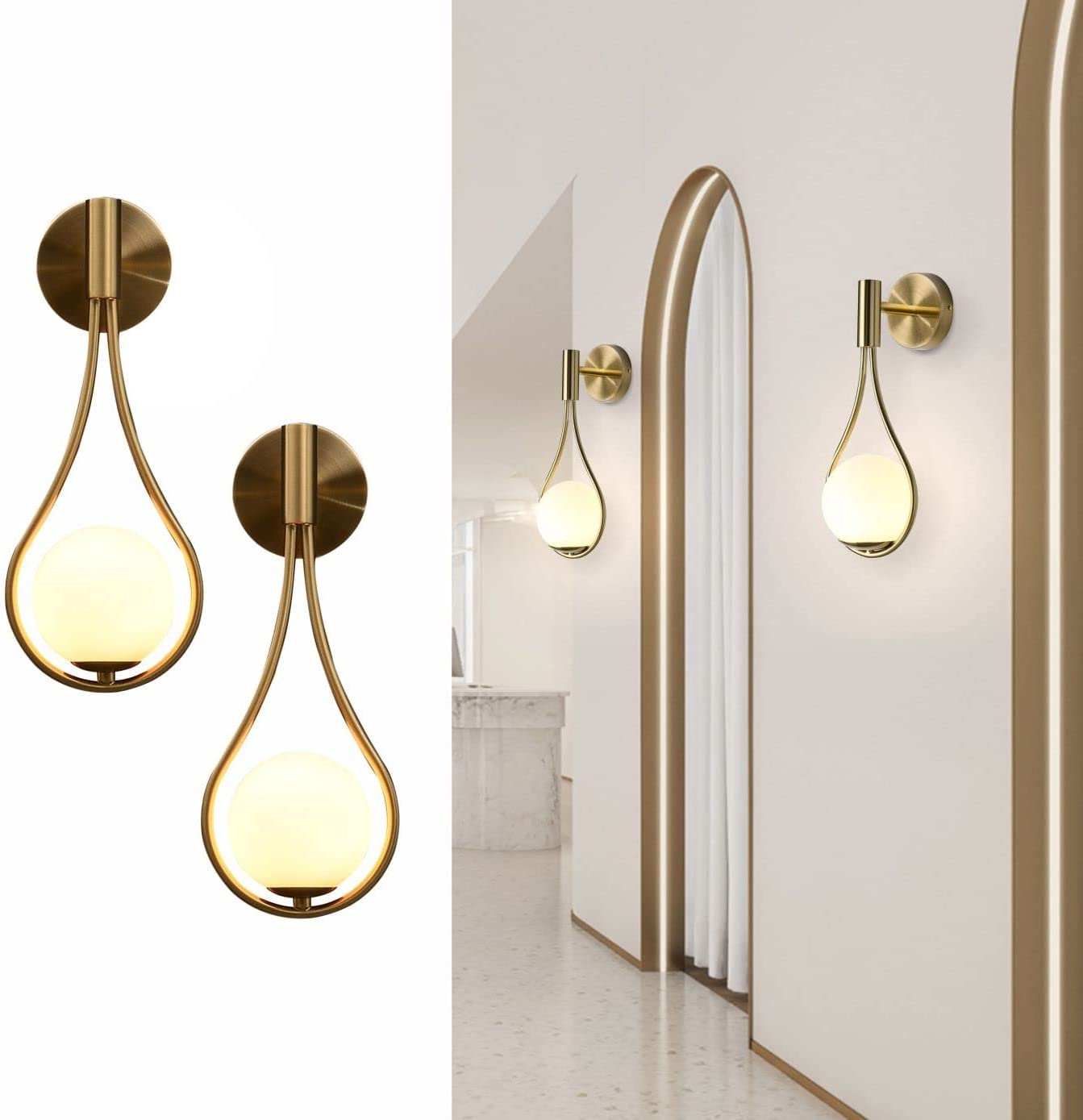 2 Pack Gold Glass Globe Wall Sconces - Mid-Century Modern Water Drop Wall Lights for Bedroom, Living Room & Hallway - Elegant Home Decor Lighting Fixtures