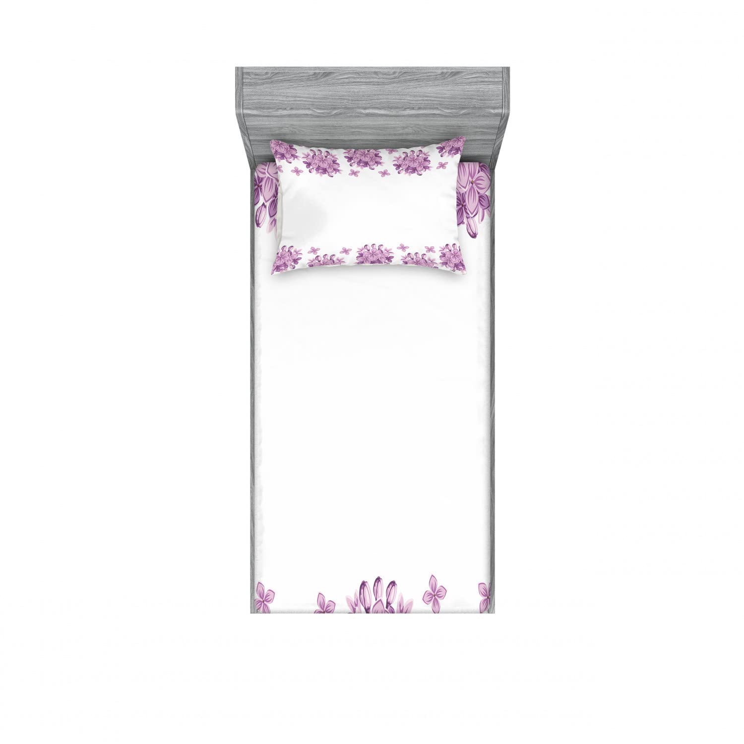 Ambesonne Floral 2-Pack Twin Fitted Sheet & Pillow Sham Set - Lilac Flower Blossom Design, 4-Piece Bedding Decor (2 Fitted Sheets & 2 Pillow Covers) in White & Lilac | Perfect for Guest Rooms, Dorm Decor & Spring Bedroom Makeovers