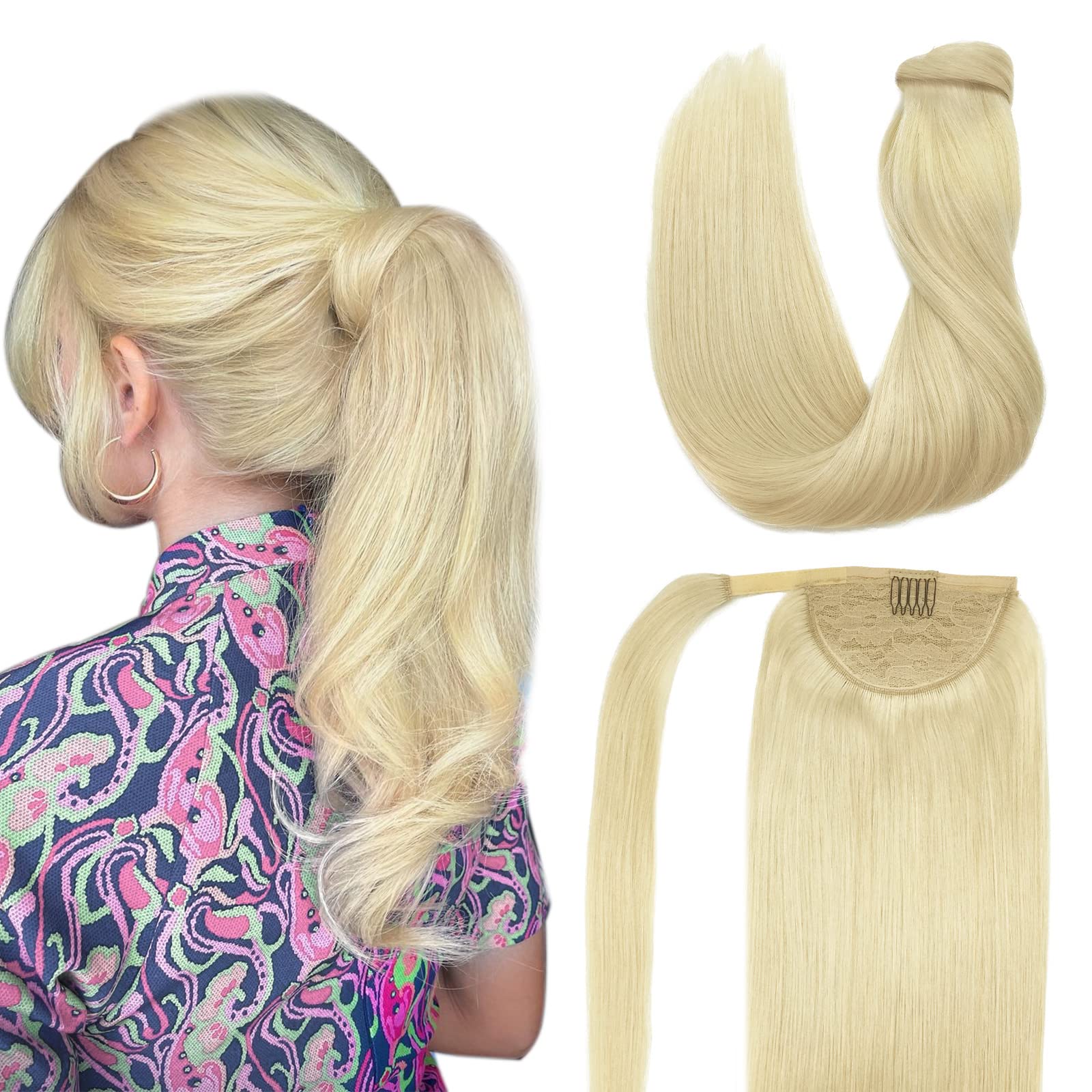 DOORES 16 Inch Clip in Human Hair Ponytail Extensions - Bleach Blonde 80g Real Hair Ponytail Wrap with Magic Paste for Silky Straight Hair - Perfect for Parties, Weddings & Daily Styling
