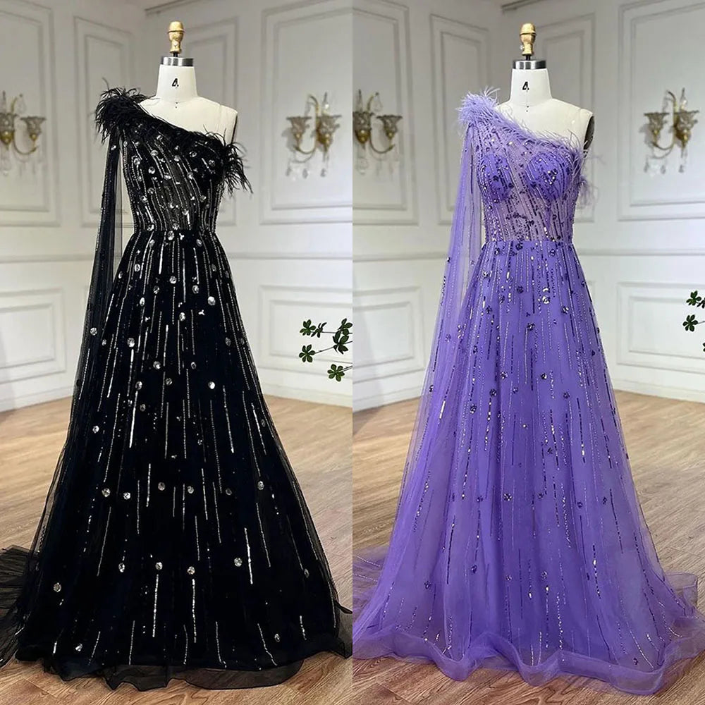 Serene Hill Lilac A-Line One Shoulder Cape Sleeve Beaded Feather Evening Gown for Women - Elegant Wedding Party Dress for Prom, Gala & Formal Events LA72503A