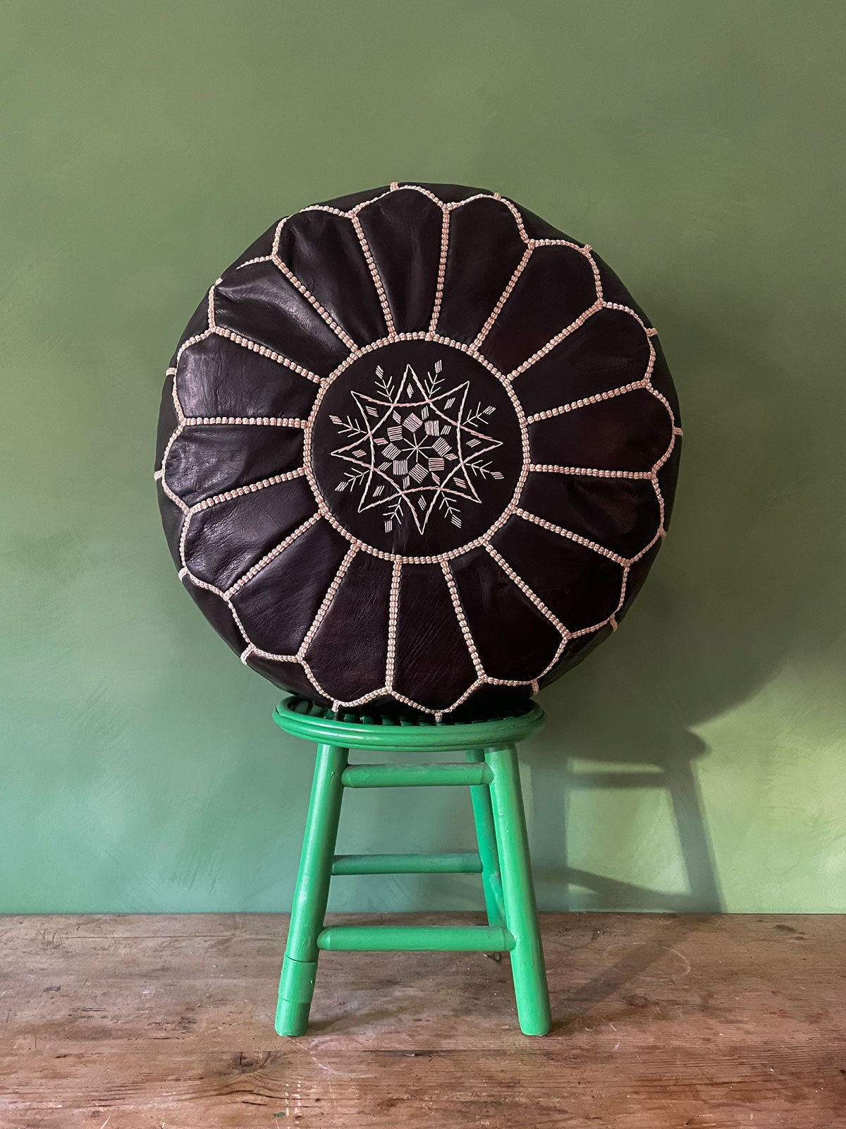 Handmade Moroccan Leather Pouffe Ottoman - Ebony Brown Genuine Leather Footstool for Living Room, Bedroom & Boho Decor