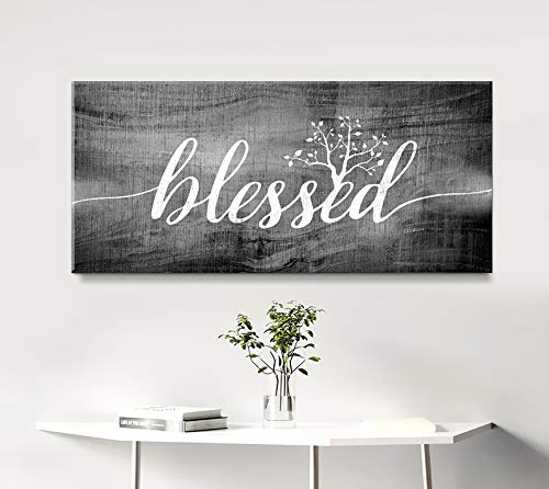 Christian Wall Art - Blessed Word Sign & Thankful Quotes Religious Wall Decor | 42x19 Inch Grey | Perfect for Home, Church & Office Inspiration