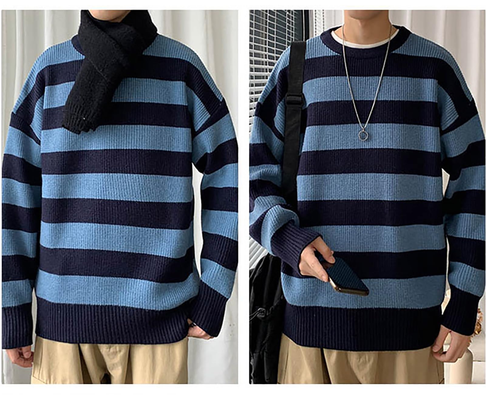 Men's Striped Knit Sweater - Oversized Long Sleeve Pullover for Autumn Winter Fashion | Casual Wear & Layering