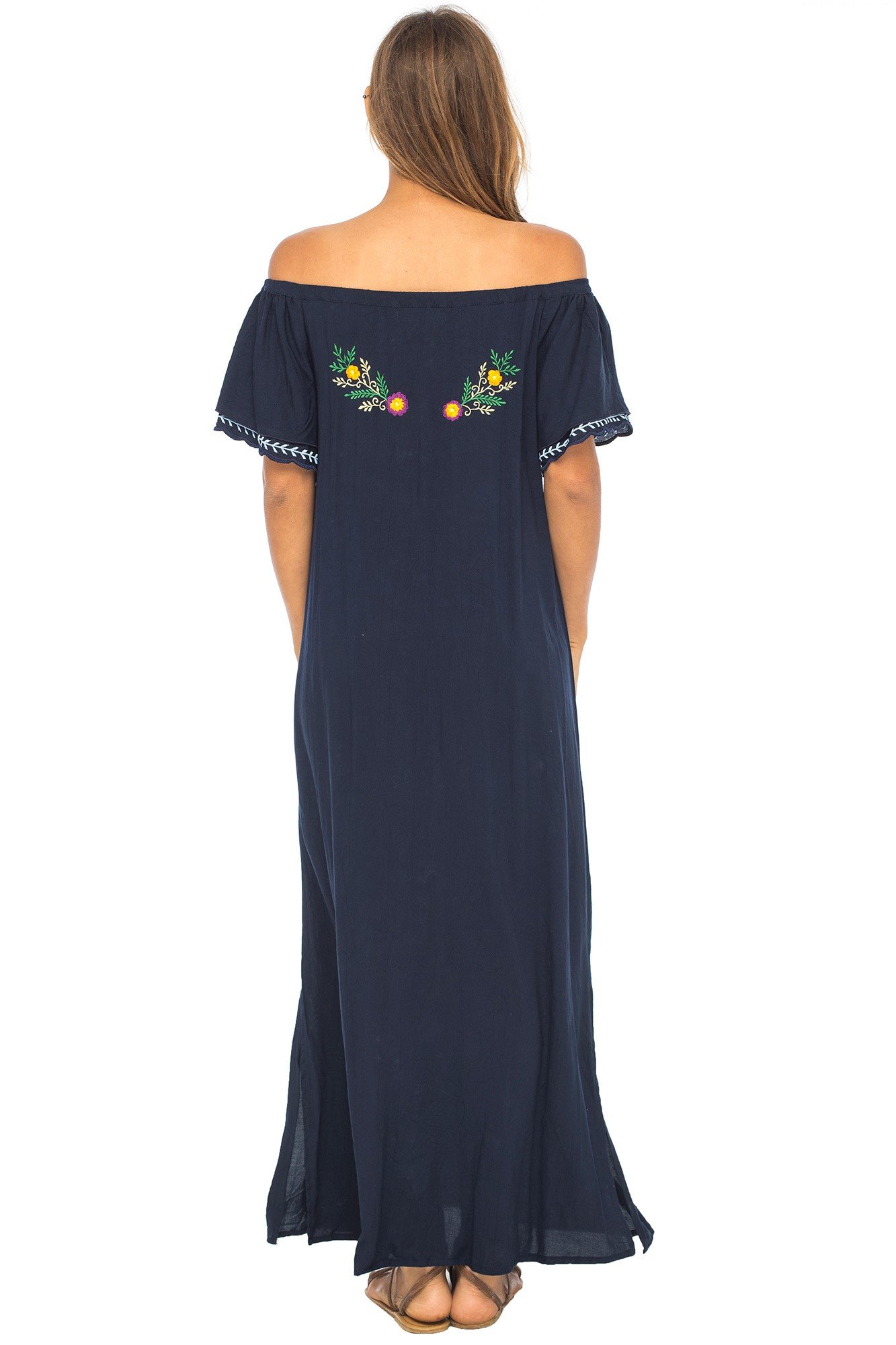 Back From Bali Women's Long Mexican Embroidered Maxi Dress - Off Shoulder Bohemian Summer Peasant Dress for Beach, Vacation & Festival Wear