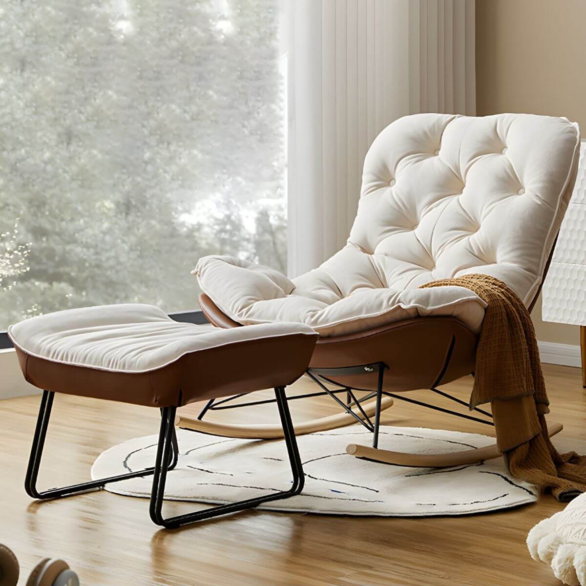 Upholstered Button Tufted Wooden Rocking Accent Chair with Black Legs - Comfortable Nursery Rocker for Baby Room, Living Room & Bedroom