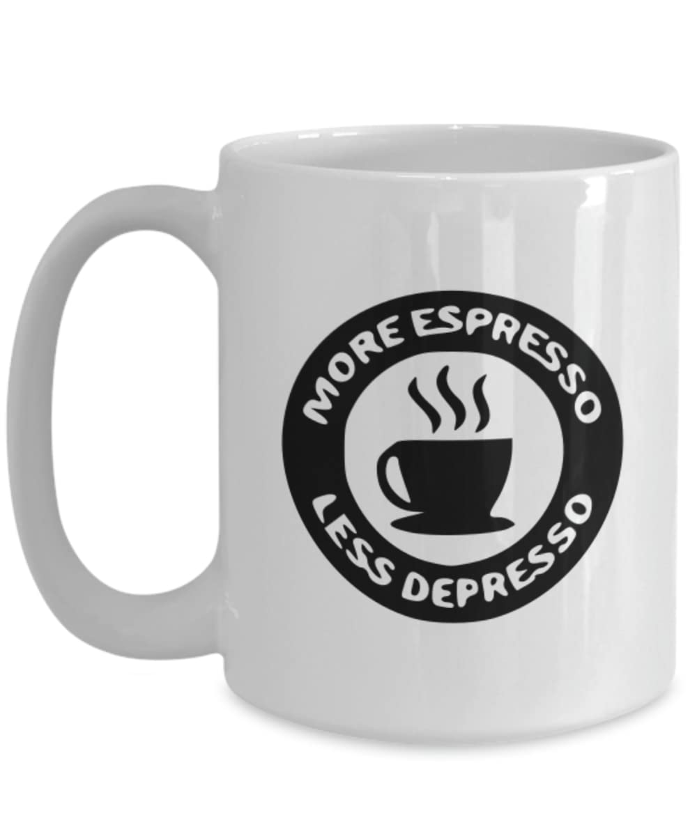 Funny Coffee Mug for Coffee Lovers - More Espresso Less Depresso Gift Idea - Perfect for Office, Home & Gifts - Ceramic Coffee Cup with Humorous Saying