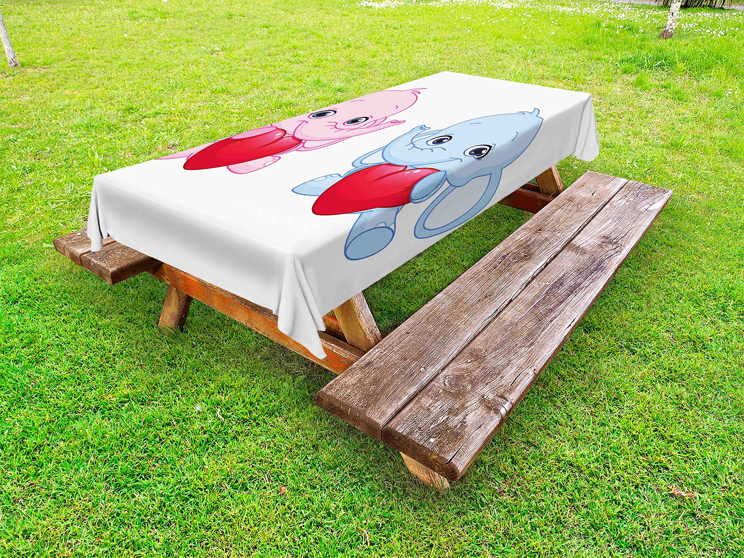 Ambesonne Funny Animal Cartoon Tablecloth - Pink & Blue Smiling Twins with Hearts Design, Washable Picnic Table Cover 58x84 Inches, Pale Pink White & Blue - Perfect for Outdoor Dining, BBQs, and Party Decorations
