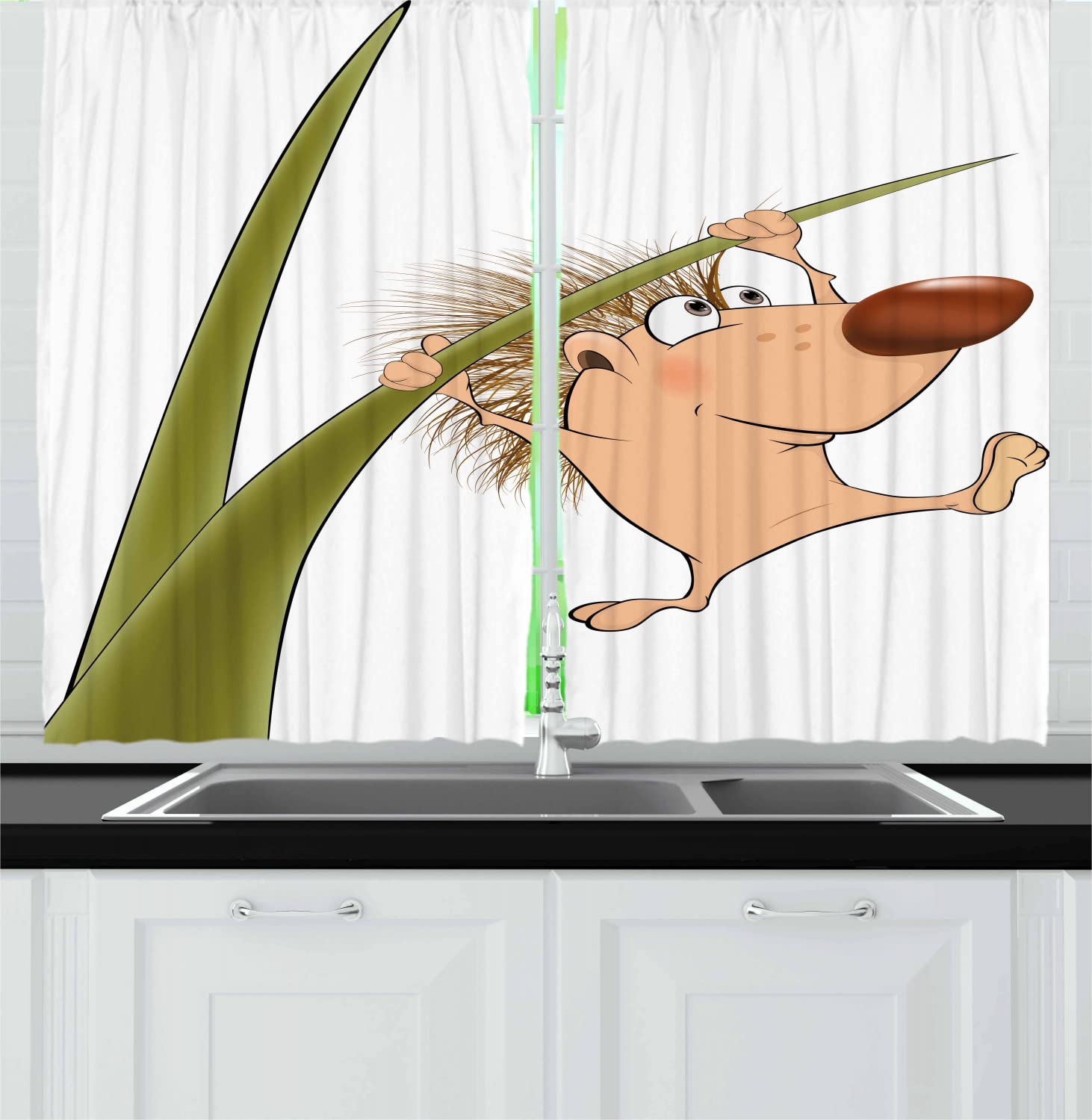Ambesonne Hedgehog Long Kitchen Curtains - Cute Cartoon Animal Design with Soft Earth Tones, Wildlife Nature Theme Humorous Print, 2 Panel Rod Pocket Drapes for Window Decor, 55x45 Inches, Tan Brown Green - Perfect for Farmhouse, Cottage & Kids Room Decor