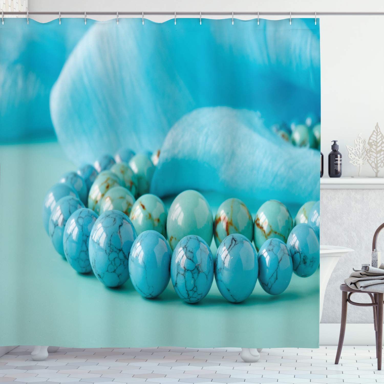 Ambesonne Blue Jewelry Shower Curtain - 69x84 Inch Waterproof Fabric Bathroom Decor with Hooks, Multicolor Stone Necklace Design - Perfect for Modern Bathrooms & Spa-Like Retreats