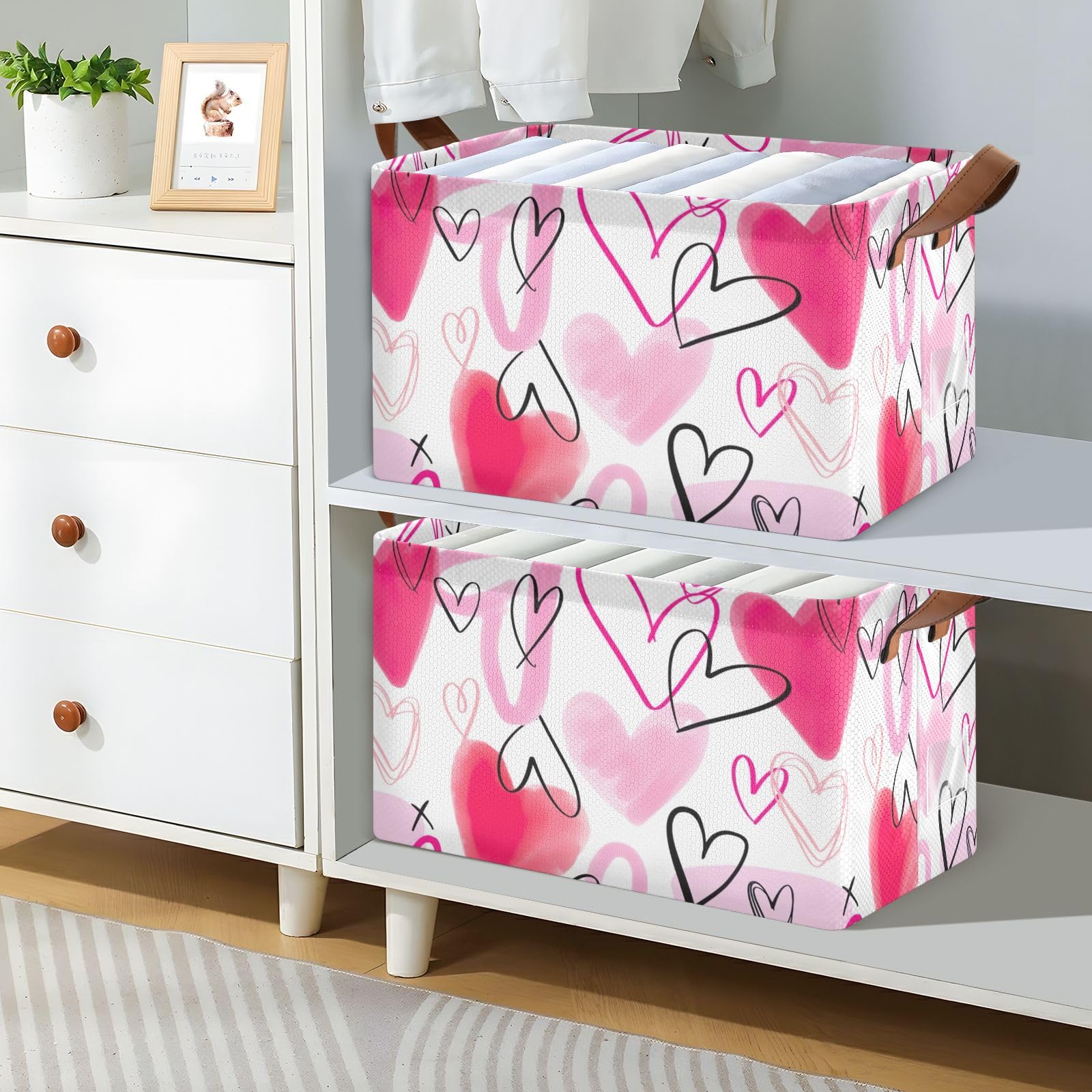 Modern Large Stackable Storage Bins with Heart Pattern - Valentine's Day Home Organization, Basket Storage Bins with Shelves for Bedroom, Closet & Office Organization
