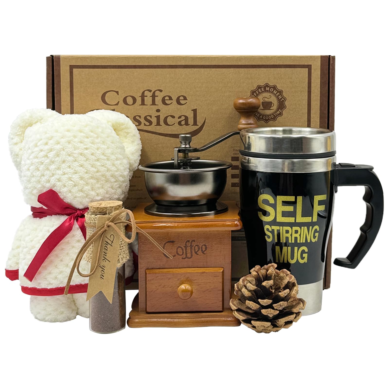 Premium Coffee Gift Basket Set - Vintage Style Manual Coffee Grinder & Decorations - Perfect Birthday Gift for Women, Men & Coffee Lovers - Ideal for Home Brewing, Office Use & Housewarming Gifts (White)