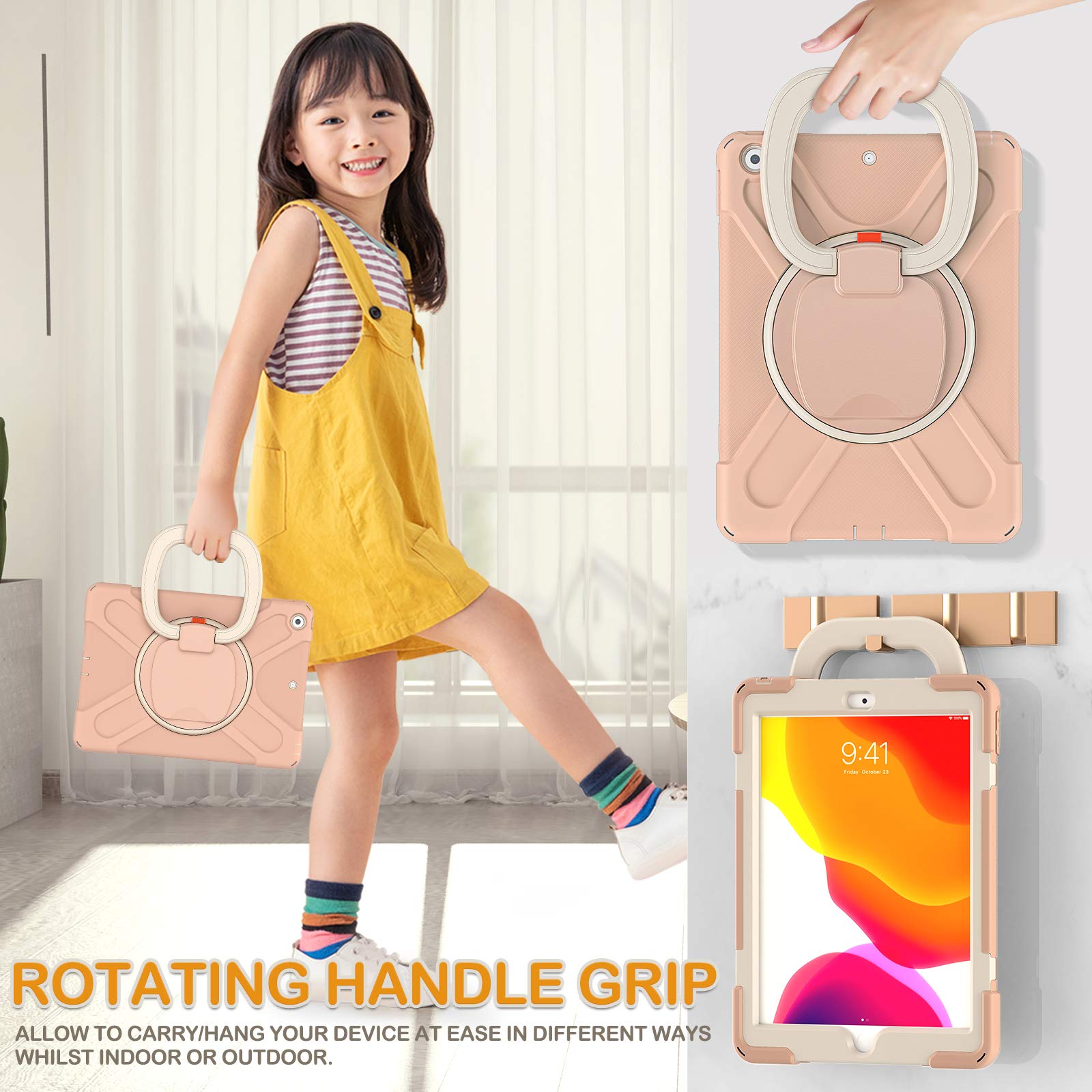 BRAECN Kids Protective Case for iPad 9th/8th/7th Generation (2021/2020/2019) 10.2 Inch - Shockproof Silicone Cover with Shoulder Strap, Handle Grip, Stand, Built-in Screen Protector & Apple Pencil Holder - Rose Gold | Perfect for School, Travel & Home Use