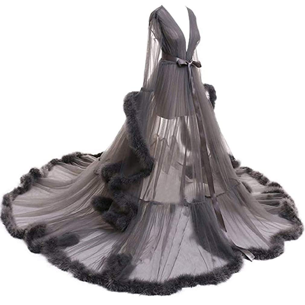 Elegant Tulle Prom Dress with Court Train & Puff Sleeves - Long Lingerie Robe Nightgown for Women & Maternity Wear | Perfect for Weddings, Parties & Pregnancy Photoshoots