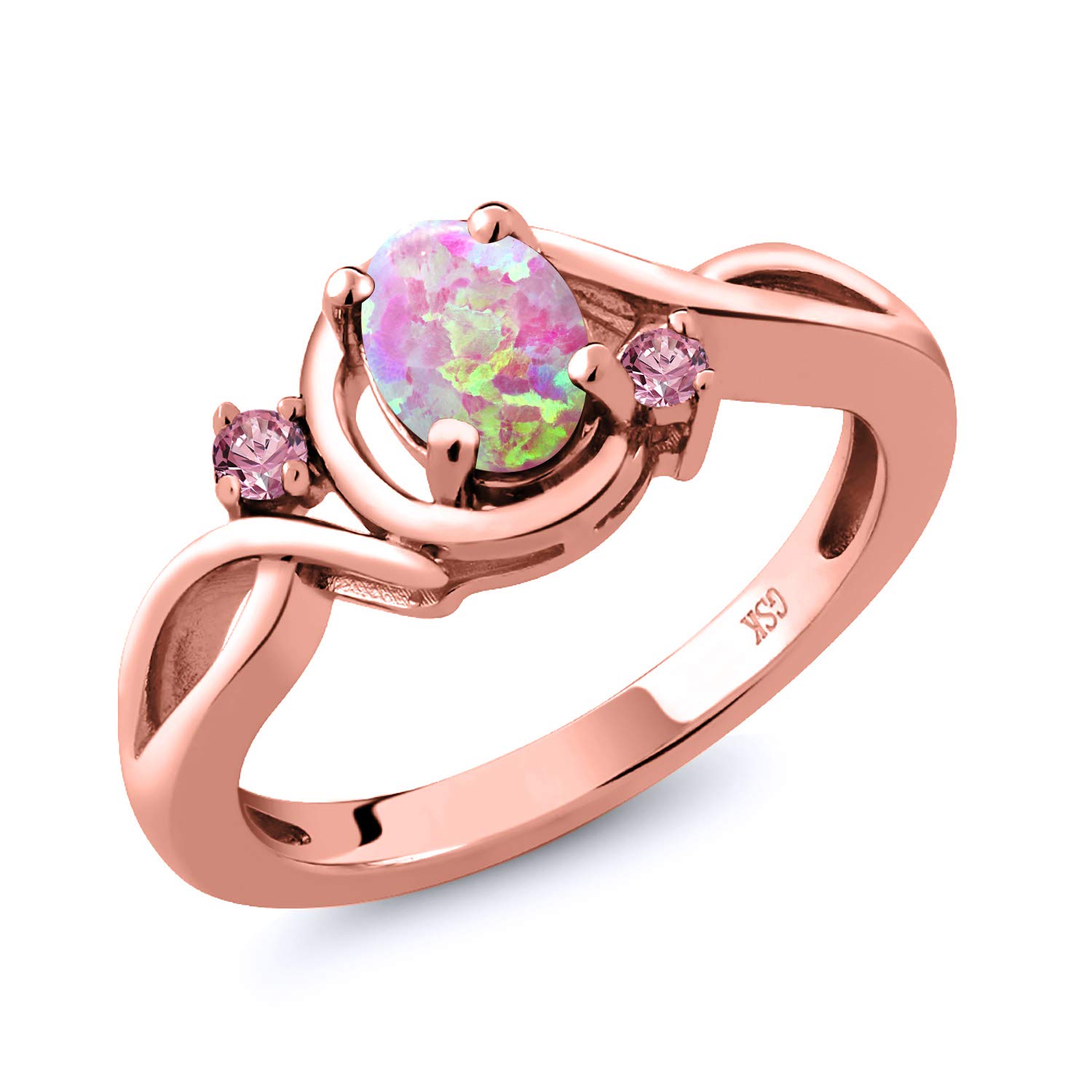 0.71 Ct Oval Pink Simulated Opal & Lab-Grown Diamond Ring in 18K Rose Gold Plated Silver | Gem Stone King | Elegant Jewelry for Women, Perfect for Weddings, Anniversaries & Special Occasions