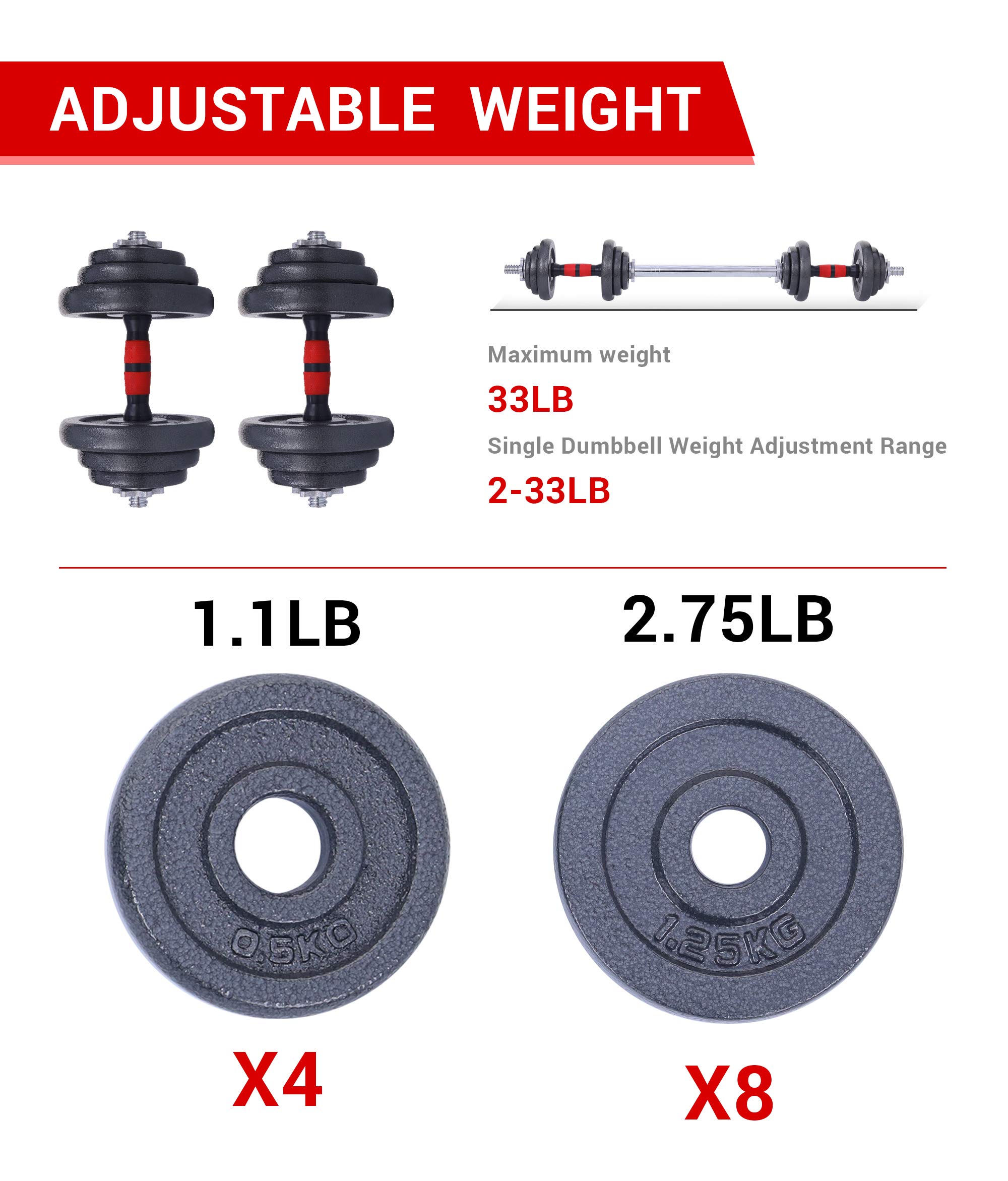 Adjustable Dumbbell and Barbell Weight Set - 22/33/44/66/105 Lbs 2-in-1 Home Gym Equipment with Anti-Slip Handle for Strength Training, Office Workouts & All-Purpose Fitness