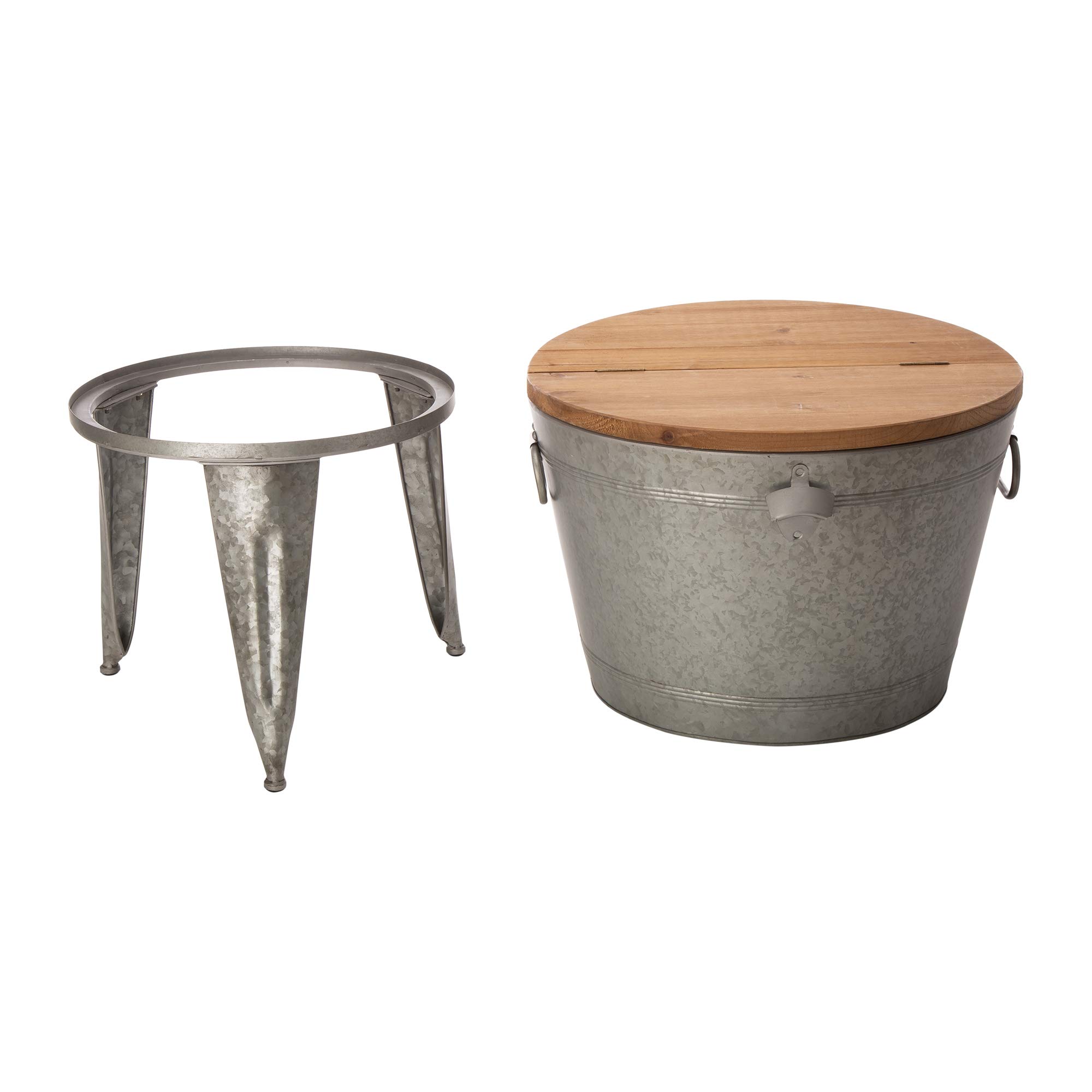 Glitzhome 8 Gallon Galvanized Metal Ice Bucket with Stand - Rustic Firwood Lid & Ring Handles for Wine, Beer, Champagne - Perfect for Cocktail Parties, Mimosa Bars, Wedding Receptions & Outdoor Entertaining