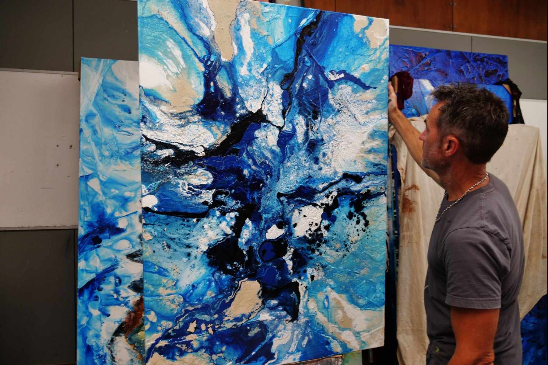 140cm x 100cm Blue Cream Textured Abstract Ocean Painting - Modern Wall Art for Living Room, Bedroom & Office Decor