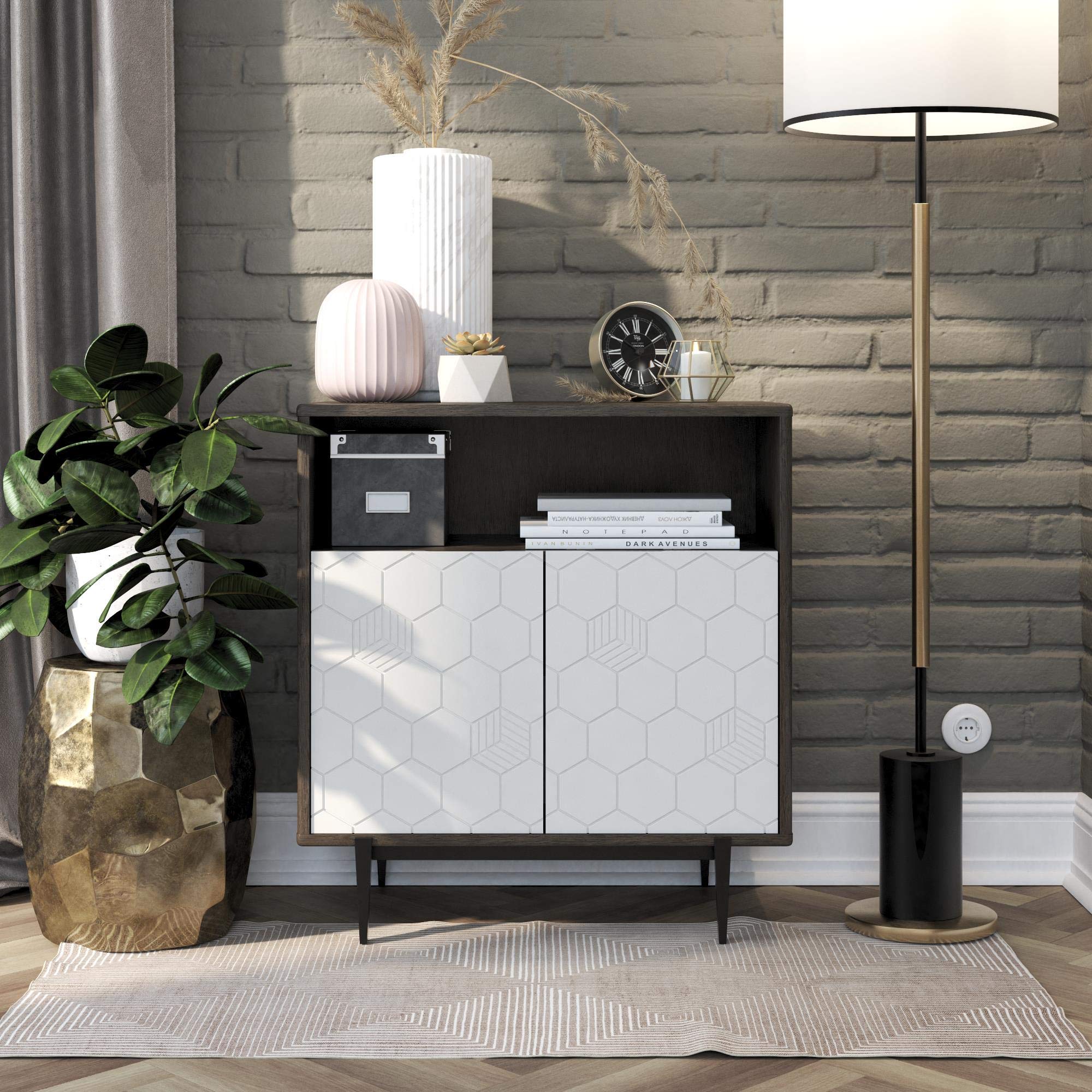 CosmoLiving Olivia Storage Cabinet - Oak Wood Grain Finish, Gray - Perfect for Living Room, Bedroom, or Office Organization