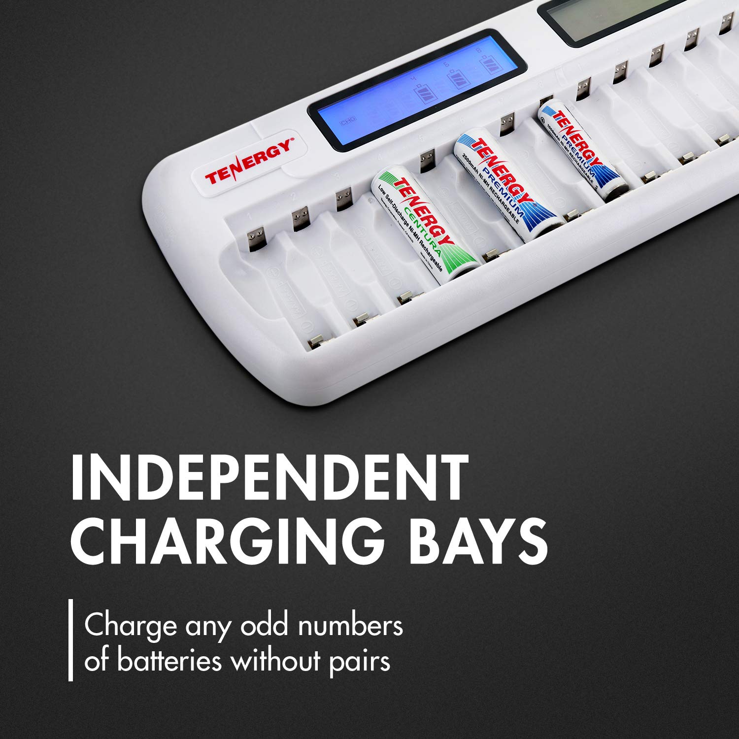 Tenergy TN438 16 Bay Smart Battery Charger with LCD Display & IC Protection - Fast Charging for AA/AAA NiMH/NiCd Rechargeable Batteries - Includes AC Wall Adapter & Car Adapter - Perfect for Digital Cameras, Gaming Controllers & Emergency Kits