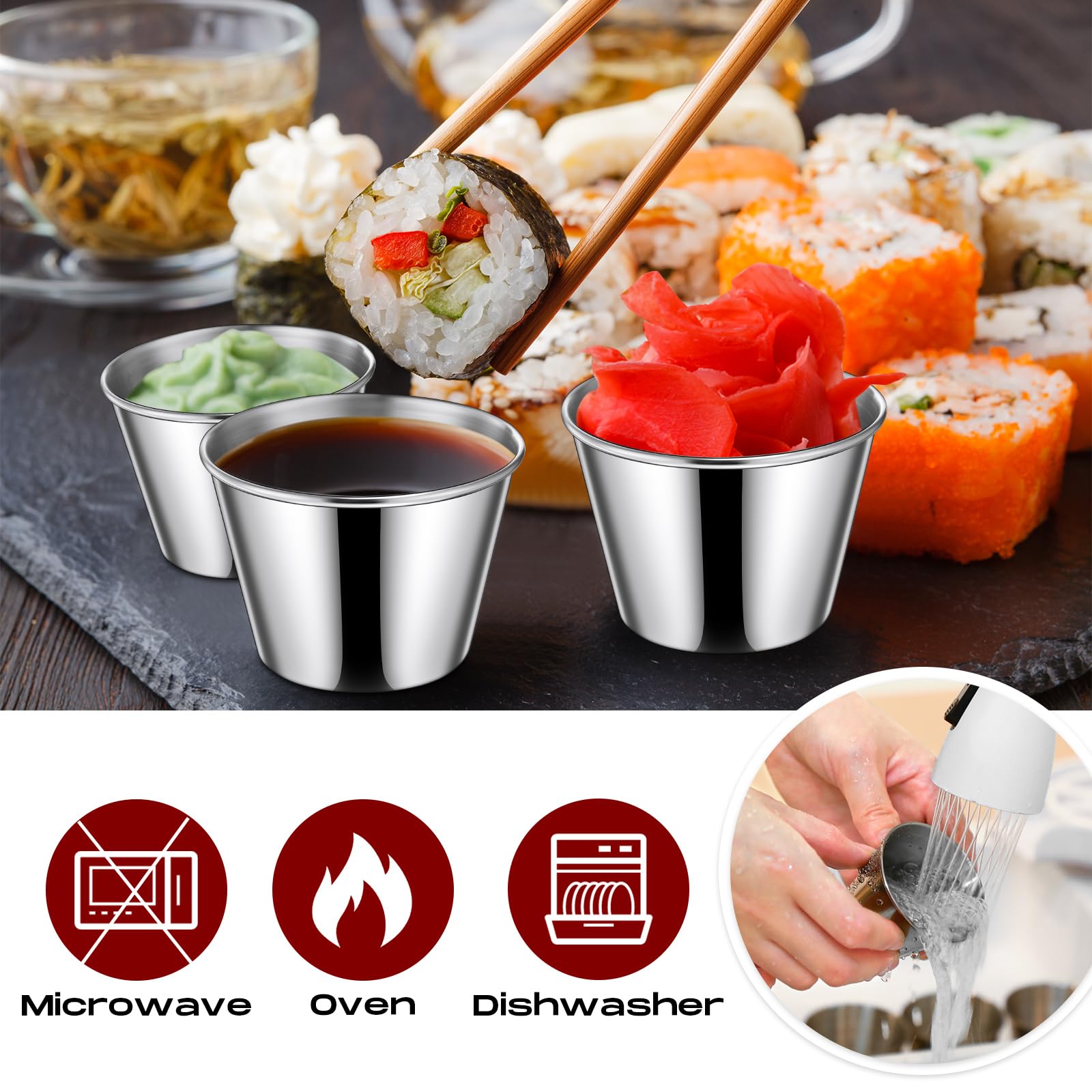 24-Piece 2.5 oz Stainless Steel Ramekins - Metal Sauce Cups & Condiment Dipping Bowls for Kitchen, Restaurant, Catering, Camping, BBQ & Parties - Perfect for Vinegar, Butter, Ice Cream & More
