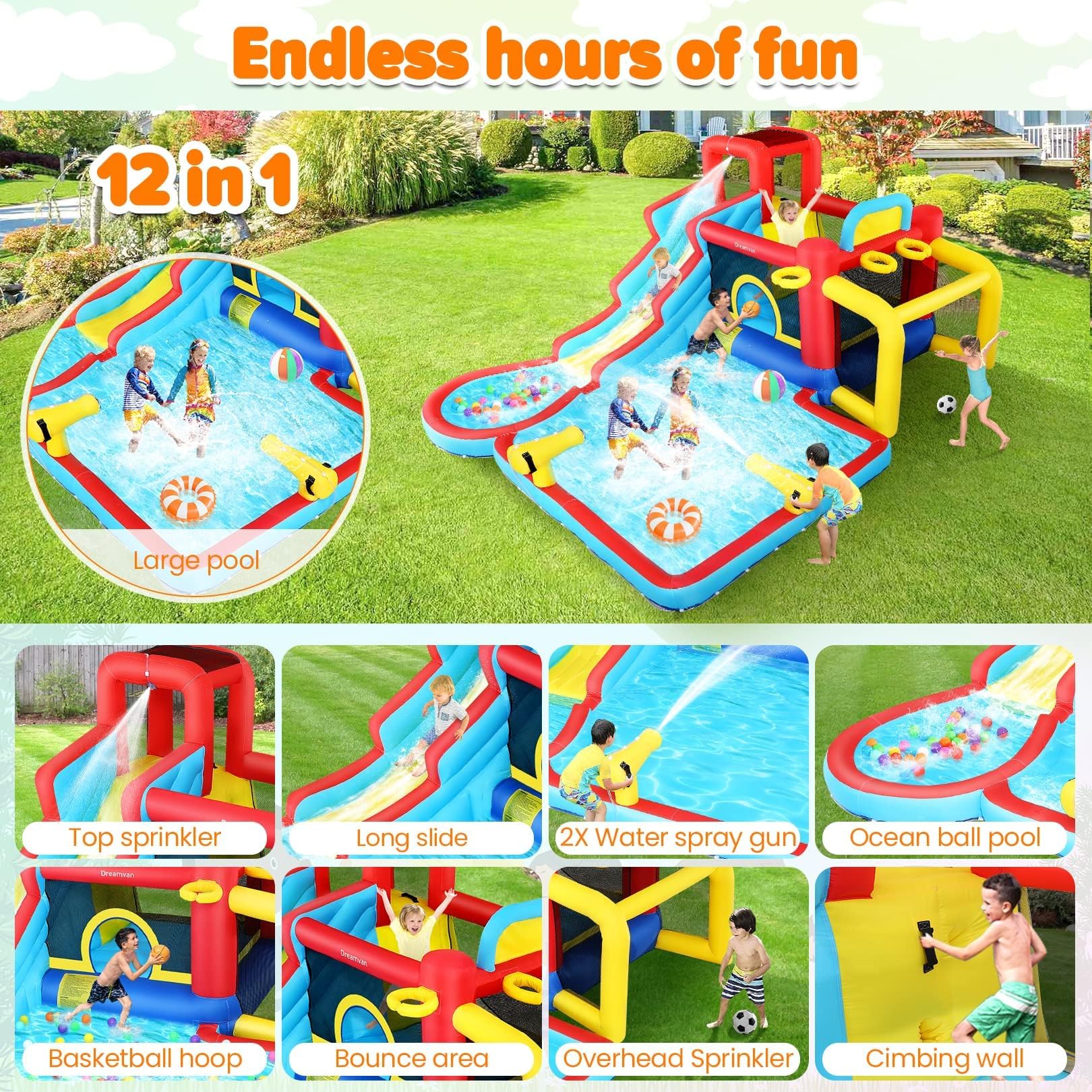 **AKEYDIY 13-in-1 Inflatable Water Slide Bounce House with Waterfall Waves - Kids Backyard Water Park, Splash & Blast Bouncer, Ball Toss, Soccer Gate | Perfect for Summer Parties, Birthdays, and Outdoor Family Fun**