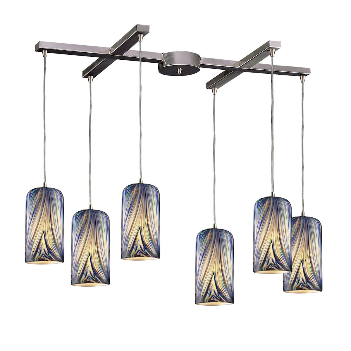 Molten 6-Light H-Bar Pendant Light Fixture - Satin Nickel Finish with Ocean Glass Shades - Perfect for Kitchen Island, Dining Room, and Modern Home Decor