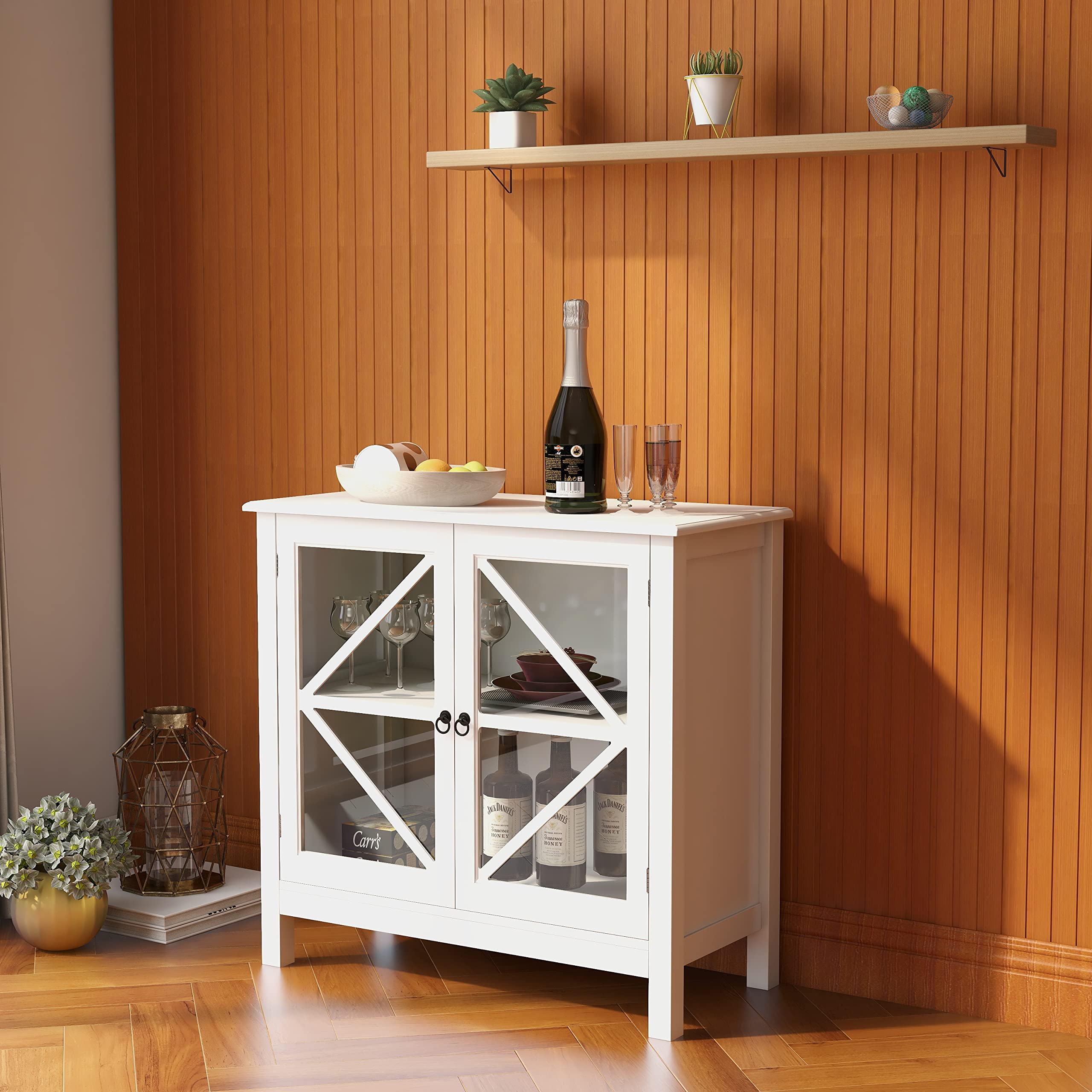 White Accent Storage Cabinet with Glass Doors - Small Buffet Sideboard for Kitchen & Dining Room - Entryway Console Cabinet - Perfect for Home Decor & Storage Solutions