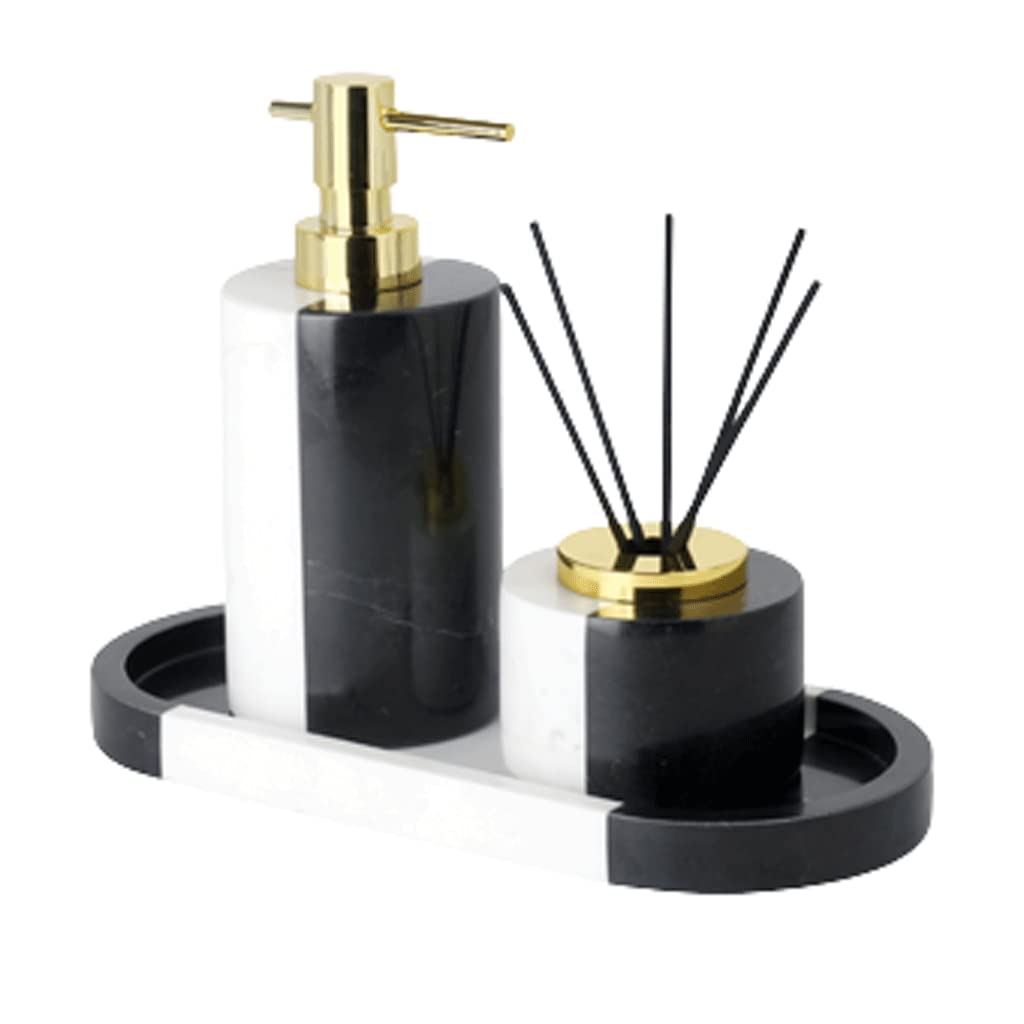 Zijun Marble Soap Dispenser Set - Farmhouse Bathroom Decor with Gold Pump Lotion Dispenser (Black & White) | Elegant Countertop Organizer for Bathroom, Kitchen, and Guest Room