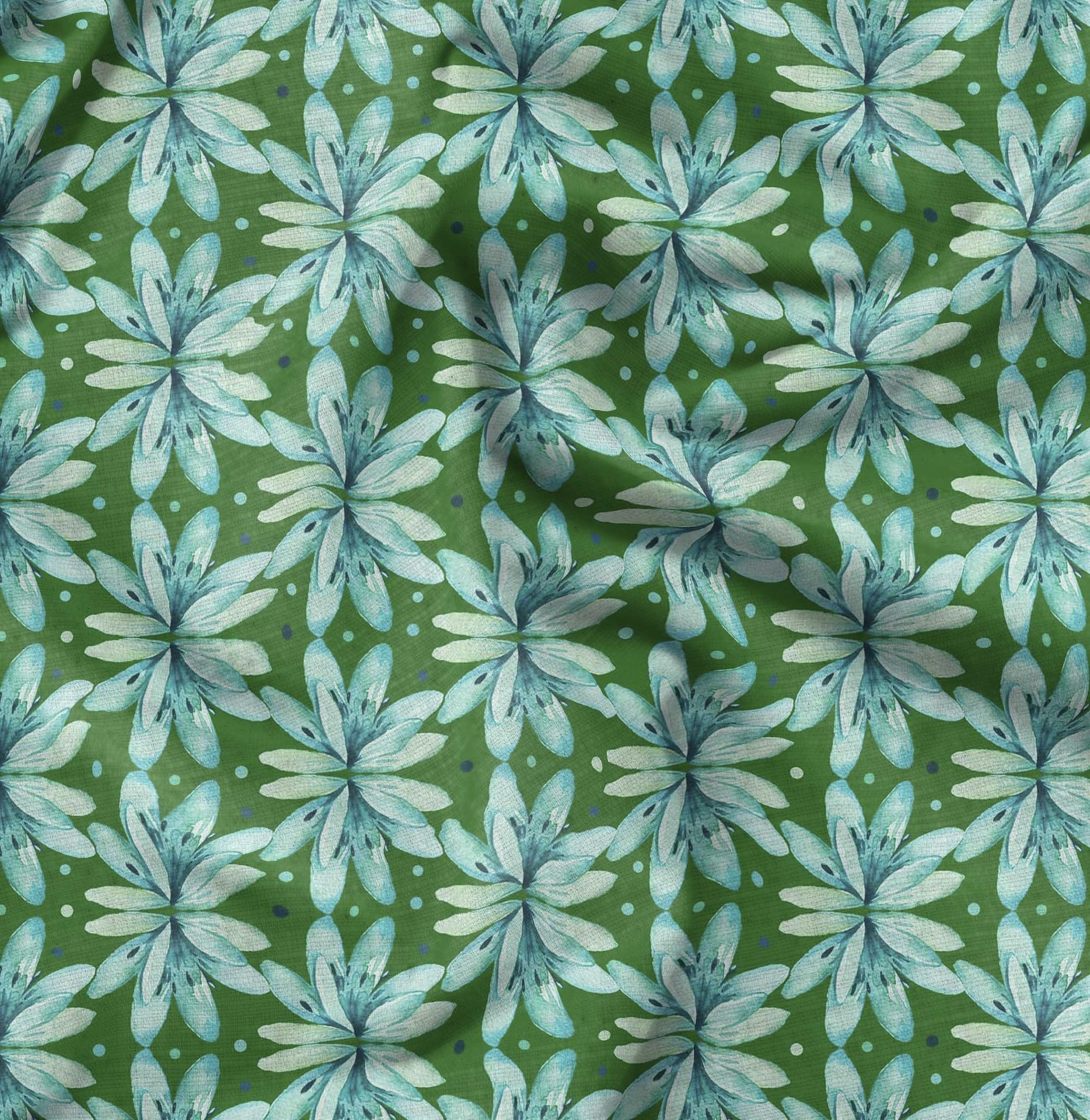 Soimoi Moss Green Georgette Fabric by The Yard - 42 Inch Wide Floral Printed Textile with Dots & Petals Design for DIY Fashion, Home Decor, and Craft Projects - Lightweight & Playful Material for Dresses, Curtains, and Scarf Making