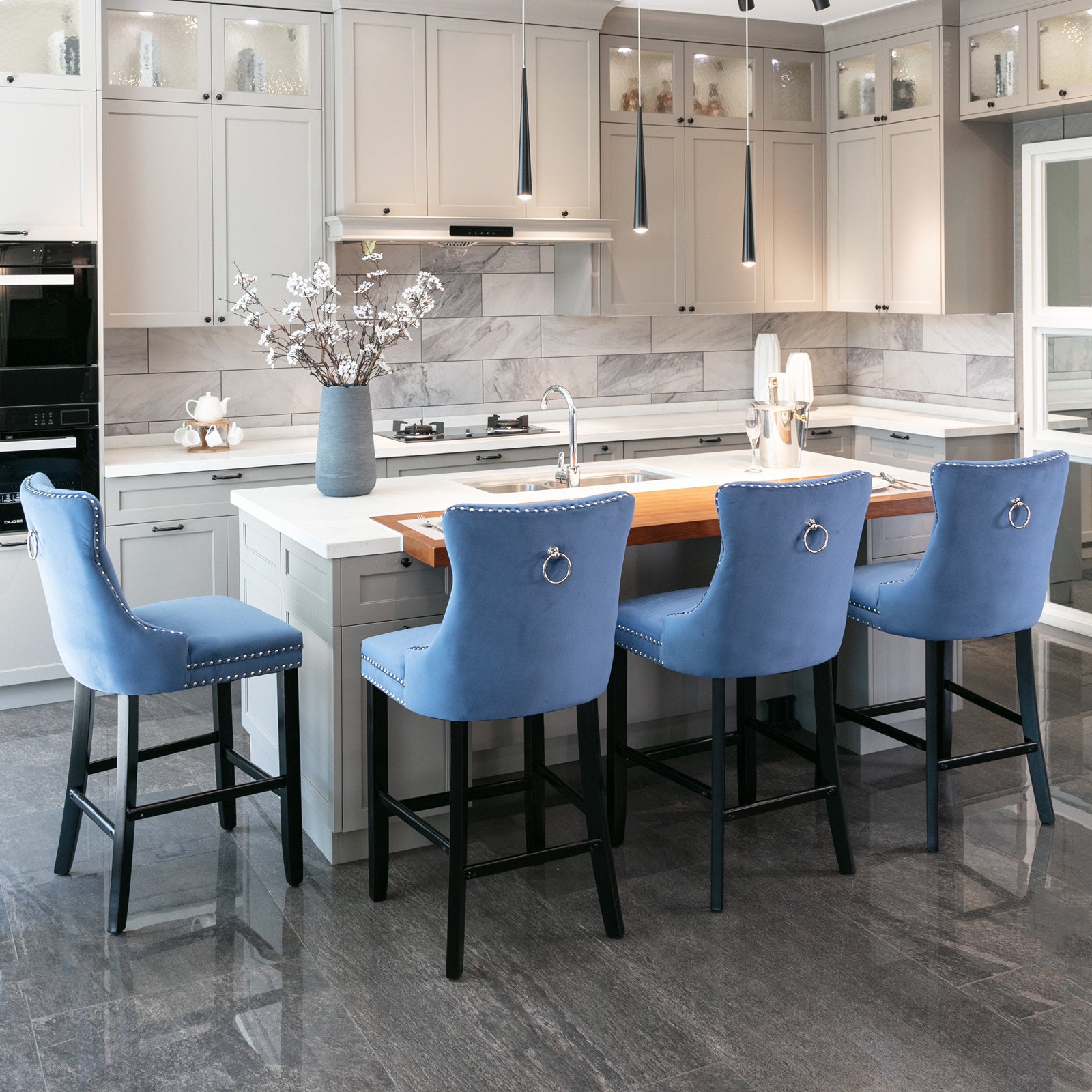 Modern Velvet Upholstered Bar Stools with Button Tufted Back & Wooden Legs - Chrome Nailhead Trim Accent - Set of 2 Blue Bar Chairs (SW2002BL) for Kitchen Island, Breakfast Nook & Home Bar Decor