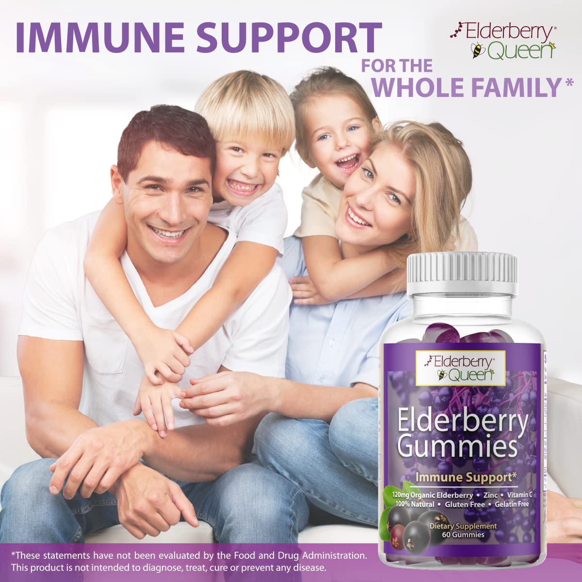 Organic Elderberry Gummies with Vitamin C & Zinc - 60 Count Immune Support Supplement for Adults & Kids | Boost Immunity During Cold & Flu Season