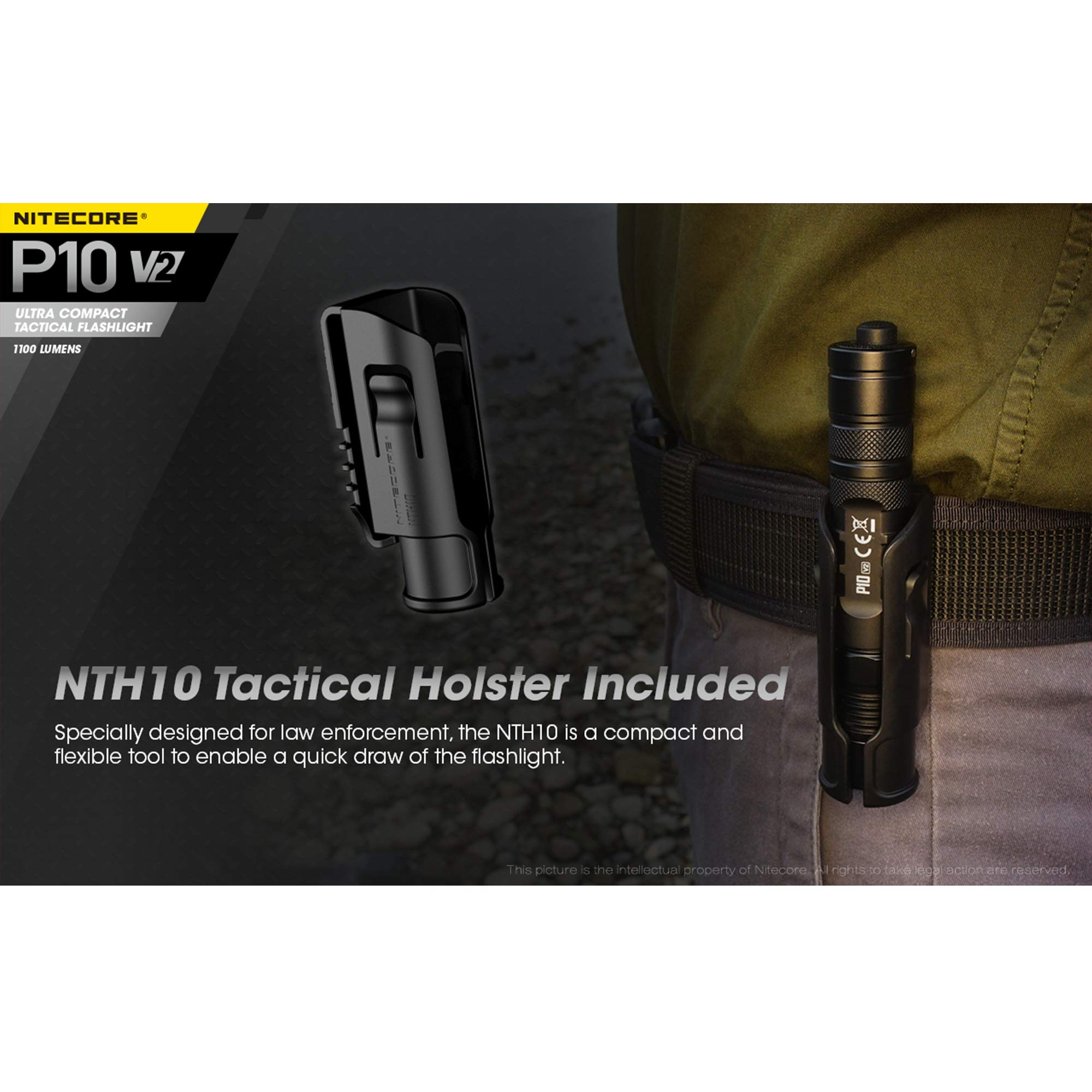 Nitecore P10 V2 1100 Lumen Tactical Flashlight with Hard Holster & 2 LumenTac Batteries - Compact Powerful LED Light for Camping, Hiking, Emergency, and Outdoor Adventures