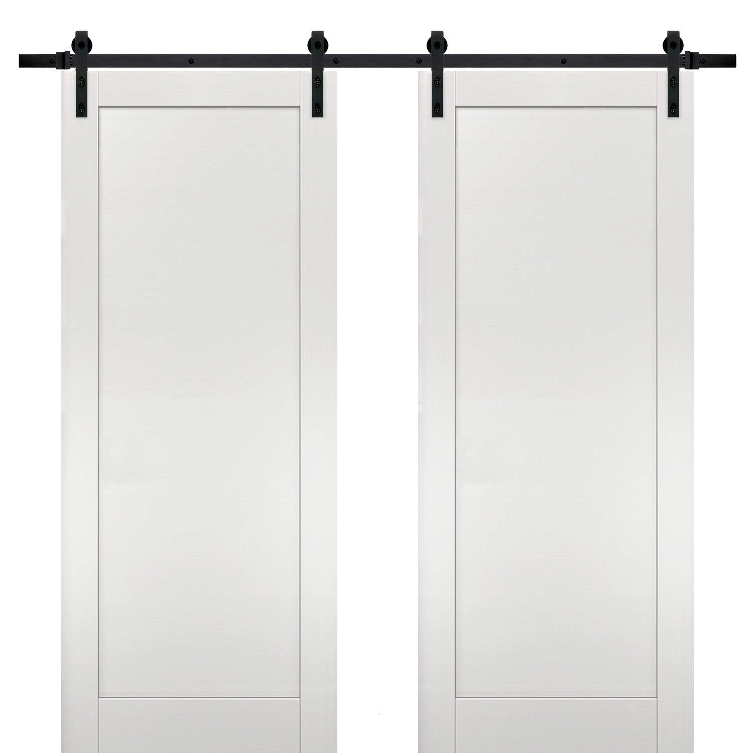 SARTODOORS 84x84 Inch Sliding Double Barn Doors with Hardware Kit - Quadro 4111 White Ash Finish | 14FT Top Mount Rail Hangers | Modern Solid Panel Interior Door for Bedroom, Bathroom & Hallway | Rustic Farmhouse Style Home Decor