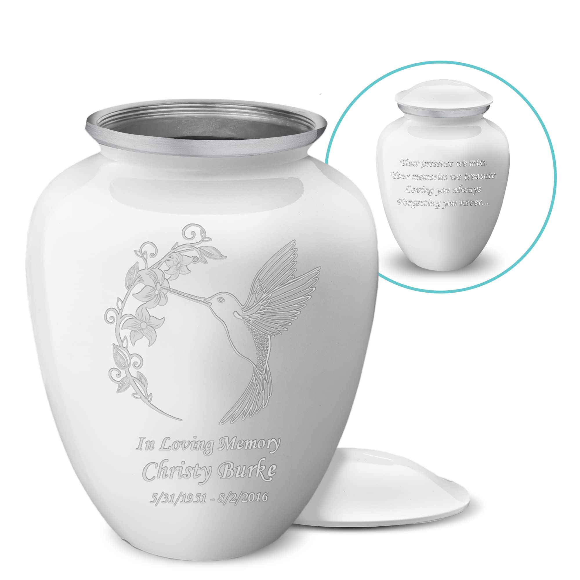 Personalized Hummingbird Cremation Urn for Adults - Large White Funeral Urn for Ashes with Double-Sided Engraving - Holds 200 lbs - Perfect for Memorial Services & Home Display